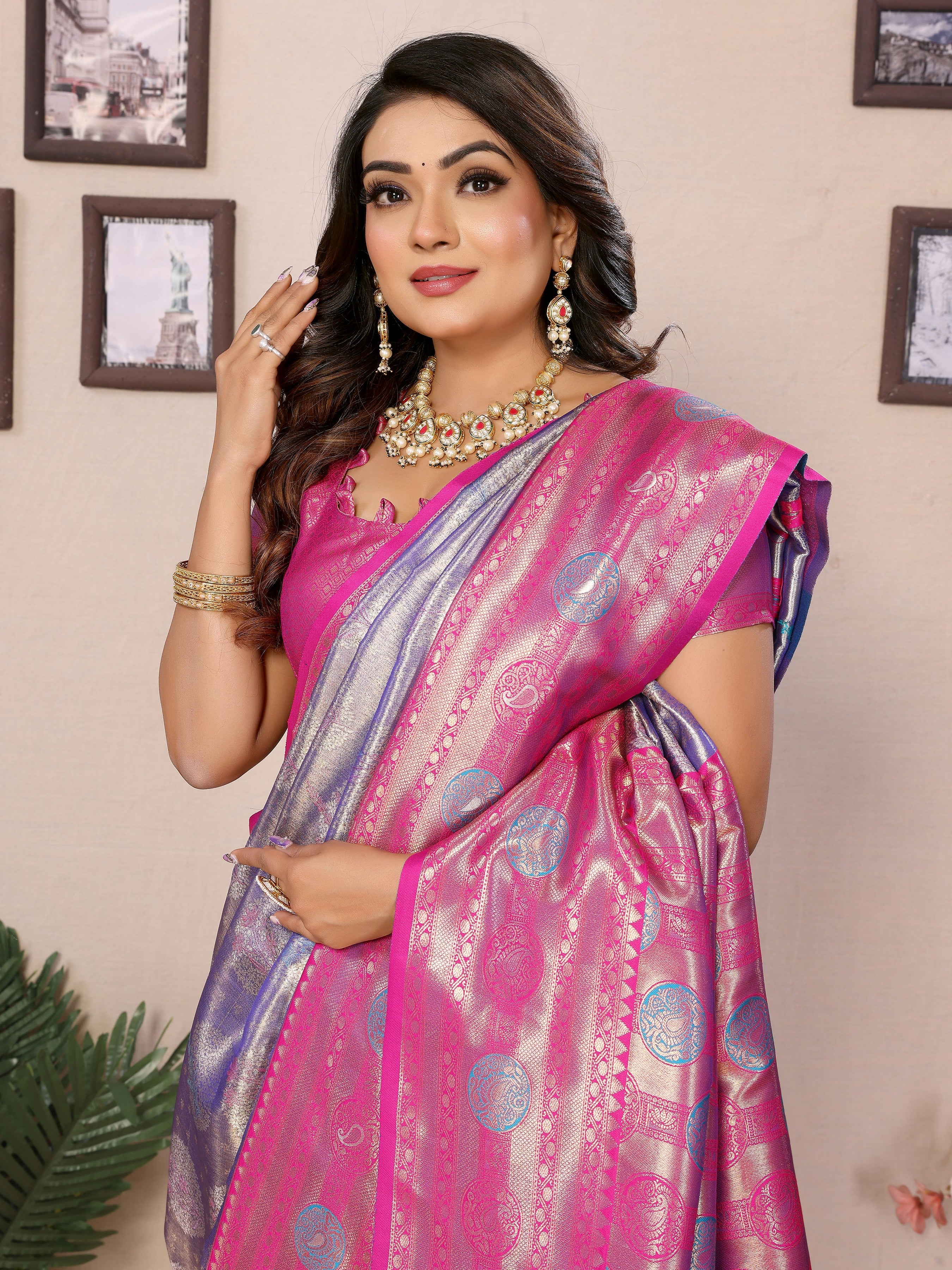 Lavender Banarasi Tissue Silk Saree With Woven Paithani Designer