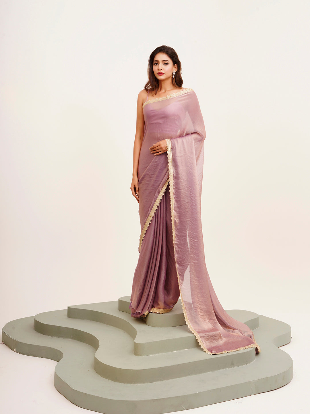Lavender Beautiful Partywear Sequinned Satin Saree