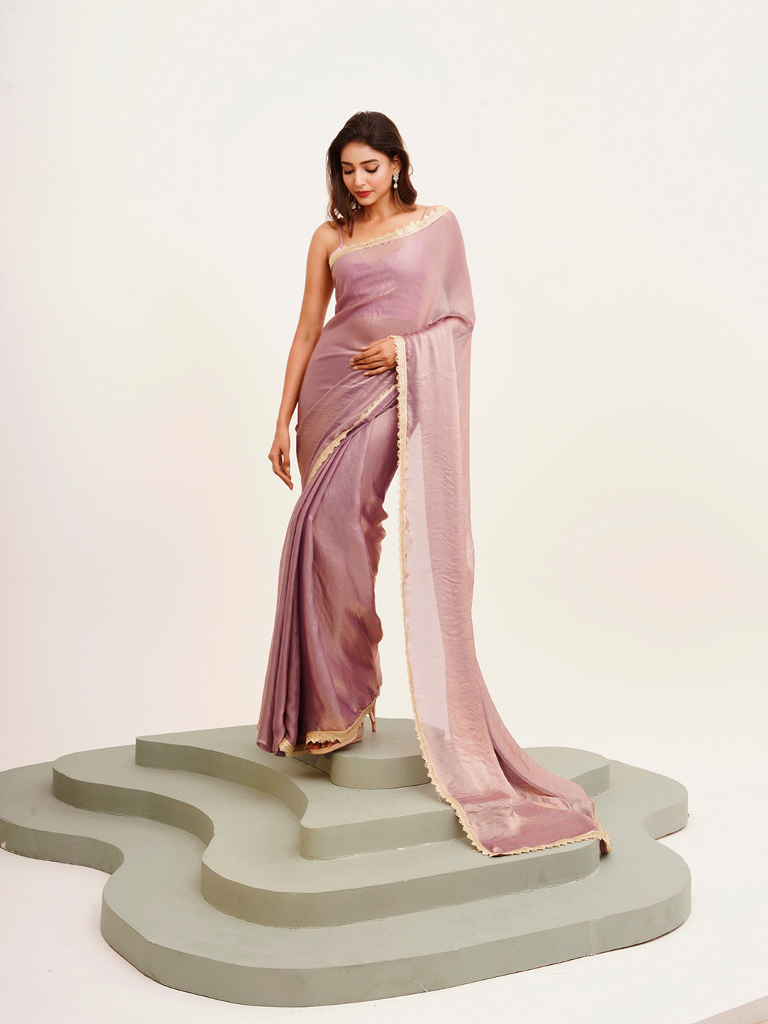 Lavender Beautiful Partywear Sequinned Satin Saree