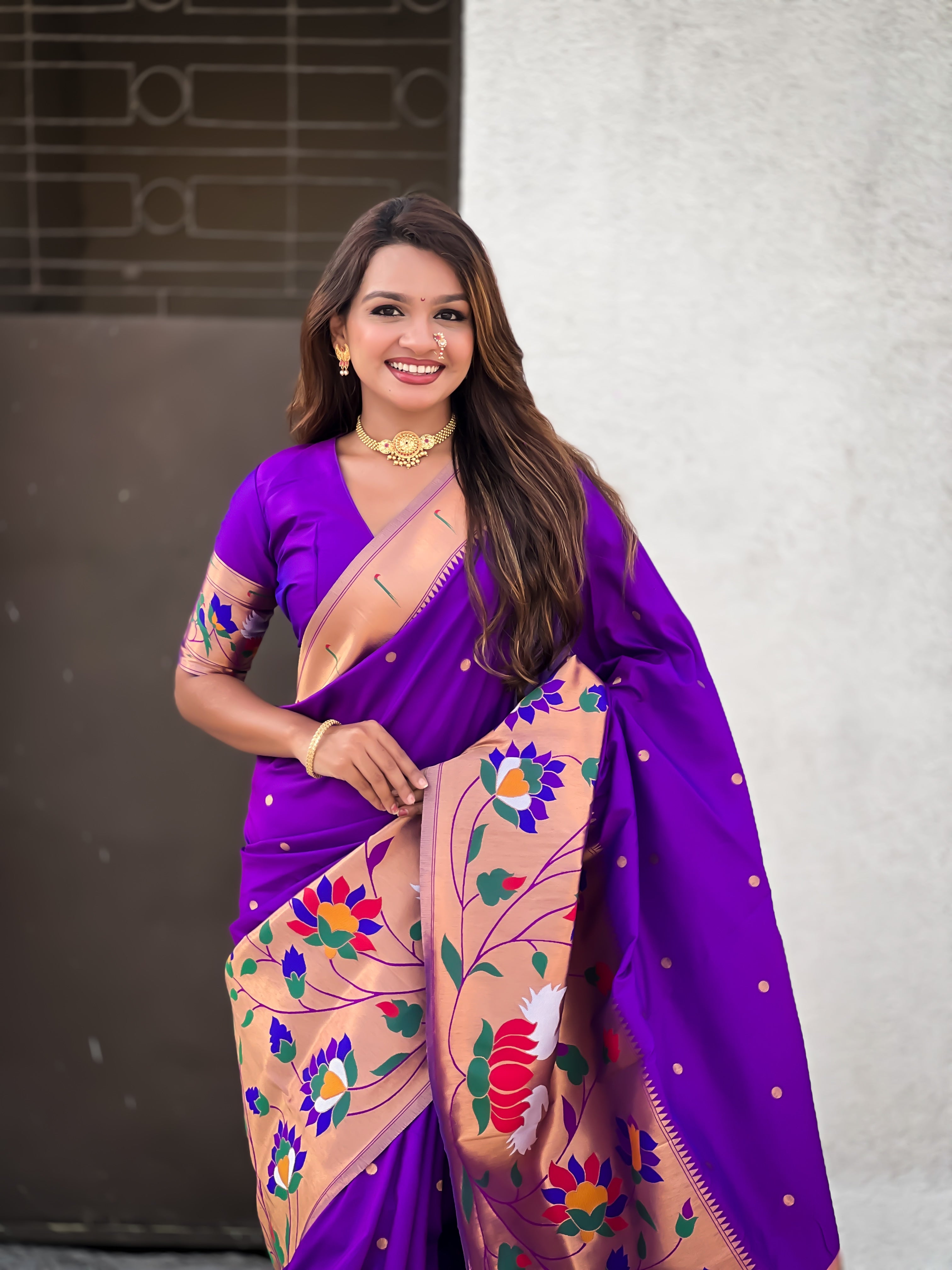 Lavender Beautiful Woven Meenakari Polka Designer Paithani Silk Ethnic Graceful Saree