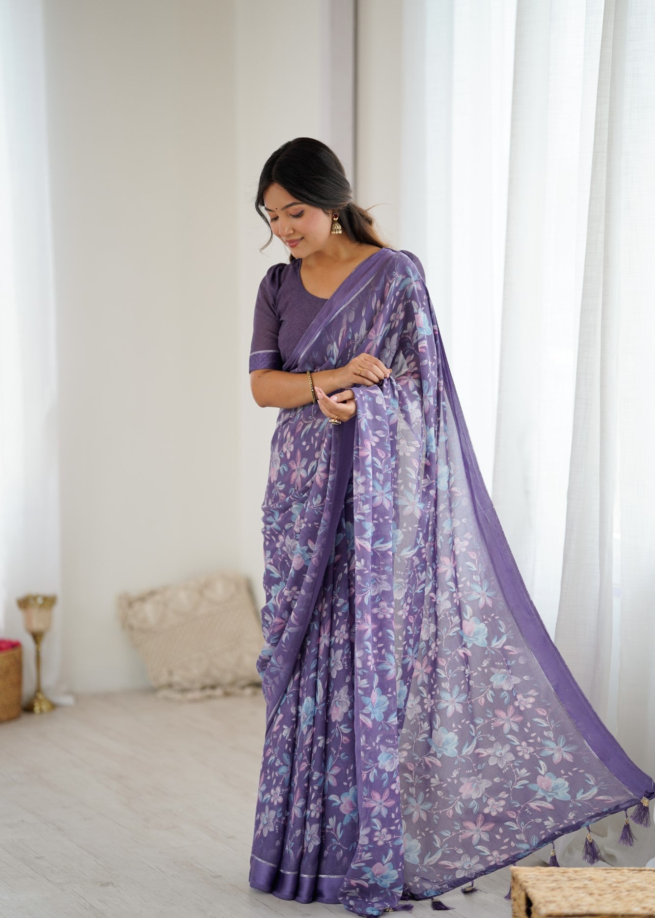 Lavender Bright Moss Satin Patta Saree With Embroidery Work
