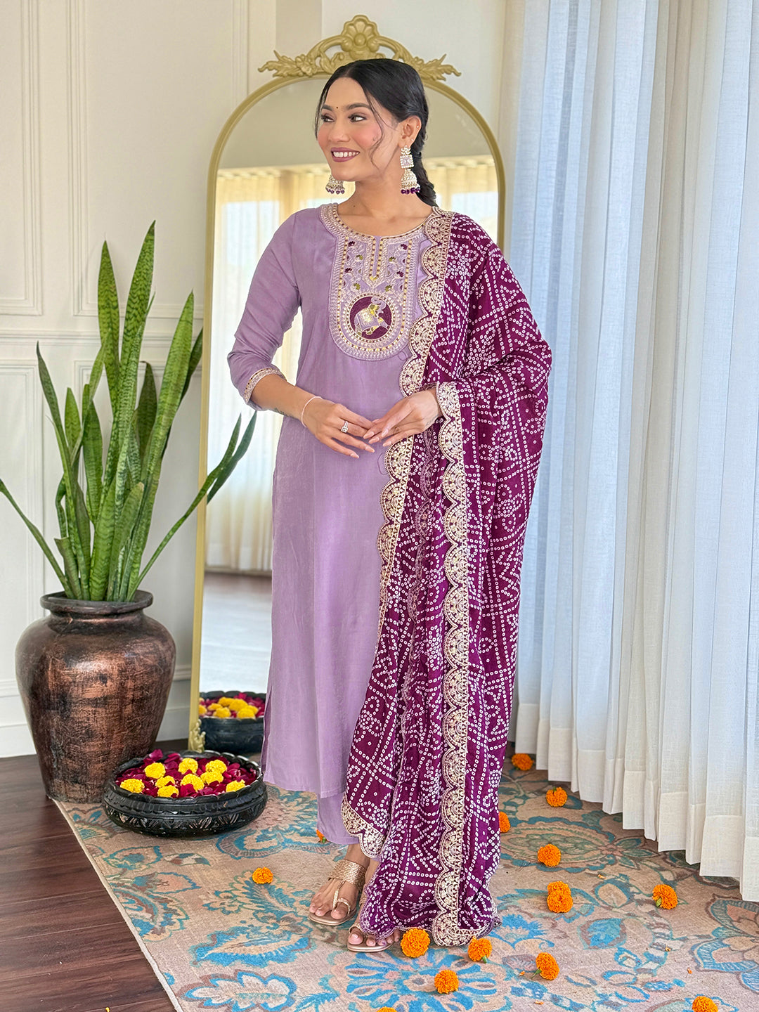 Lavender Bsy Viscose Elegant Kurta Pant Set With Embroidery Work