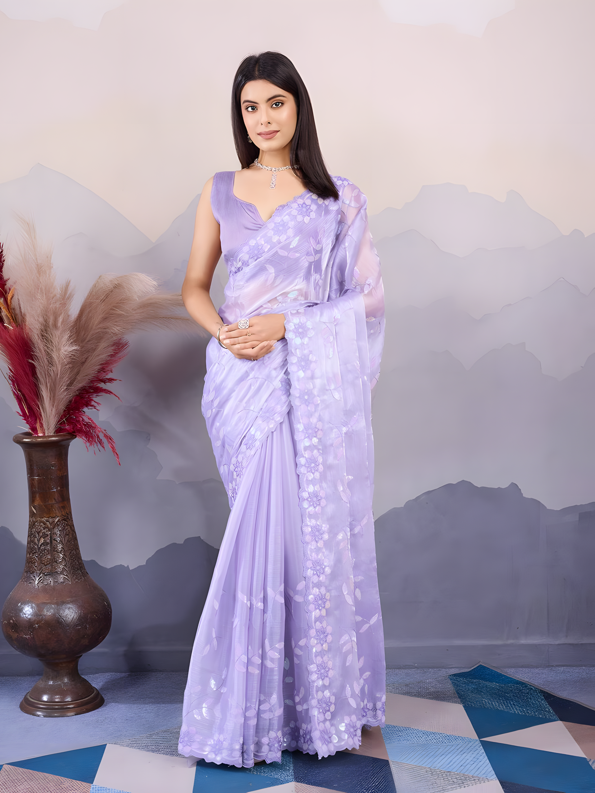 Lavender Burberry Silk Saree with C Pallu Embroidery with sequins Work