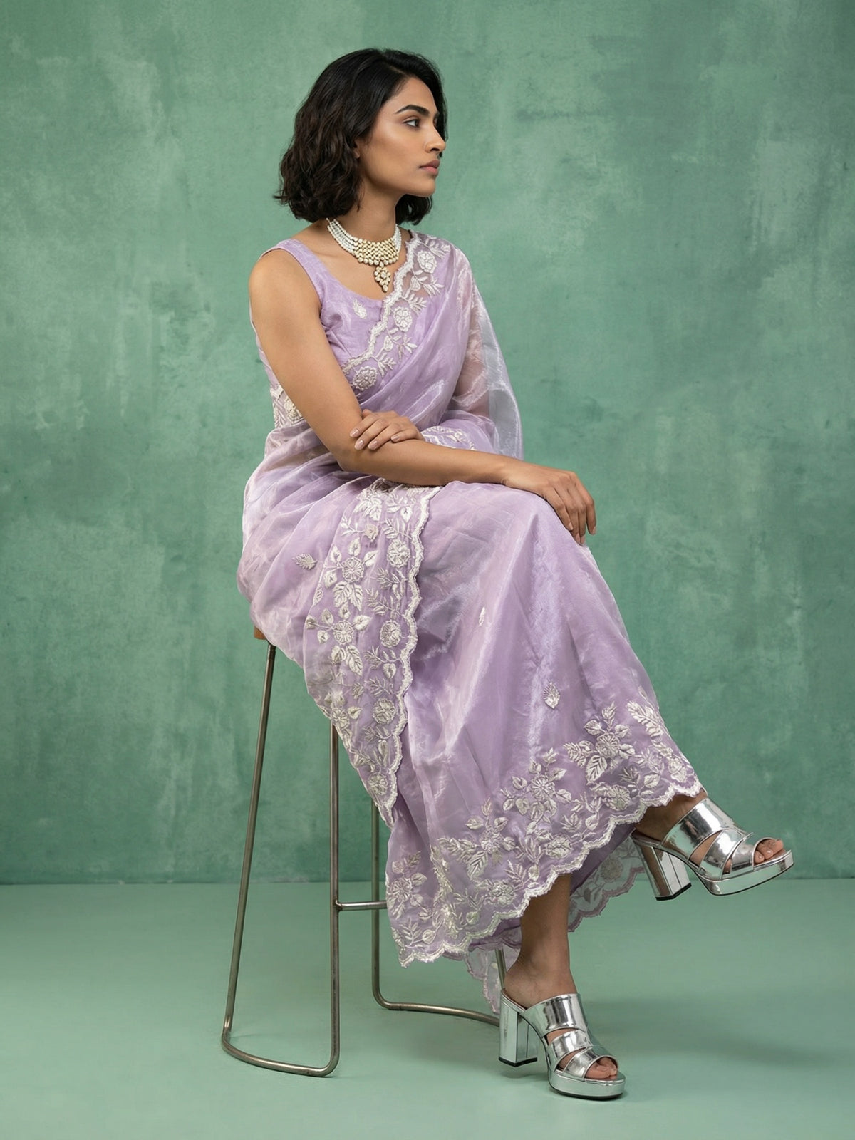 Lavender Chanda Silk Saree with Designer Floral Embroidery Work