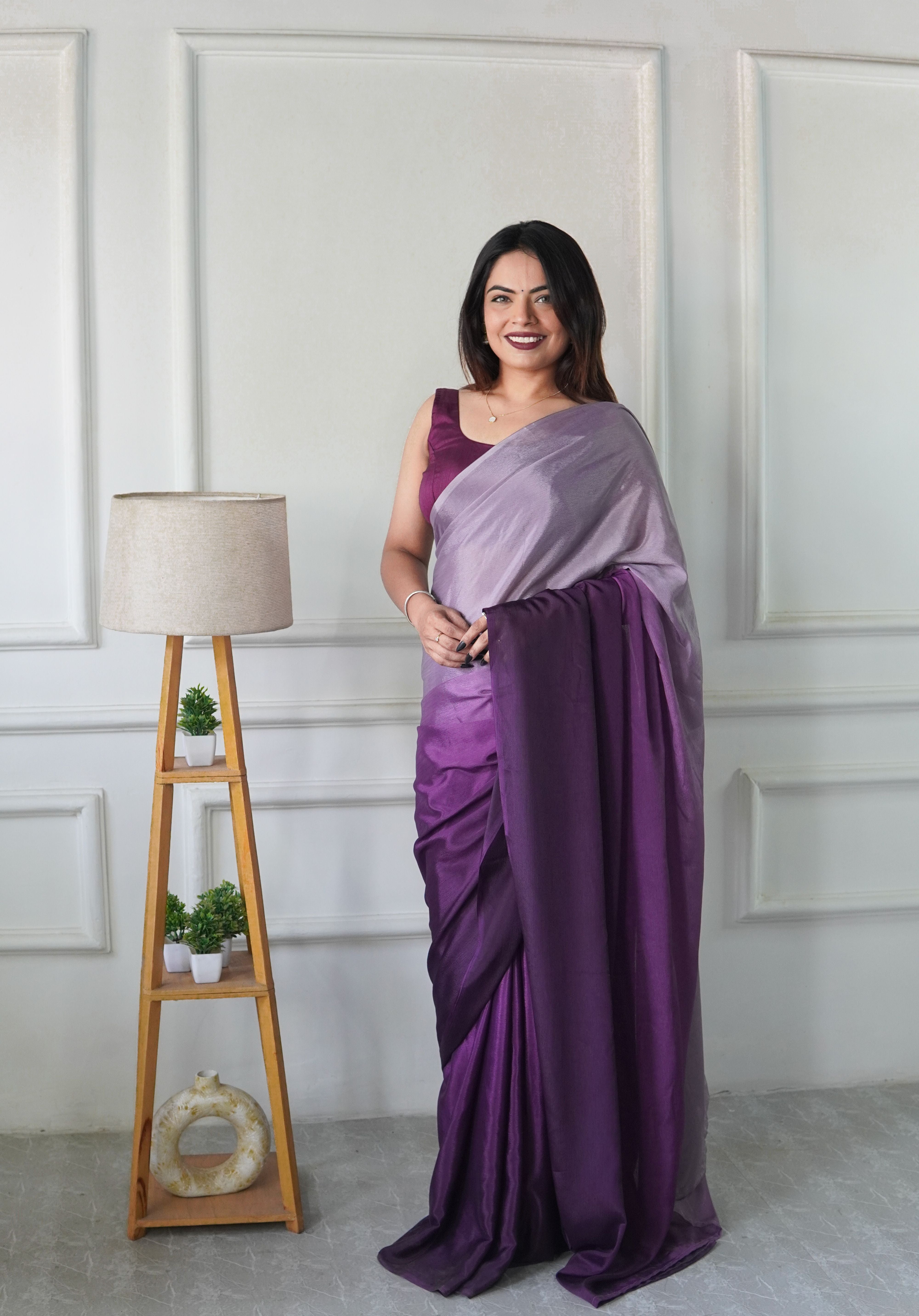 Lavender Chinon Pedding Solid Designer Ready To Wear Saree