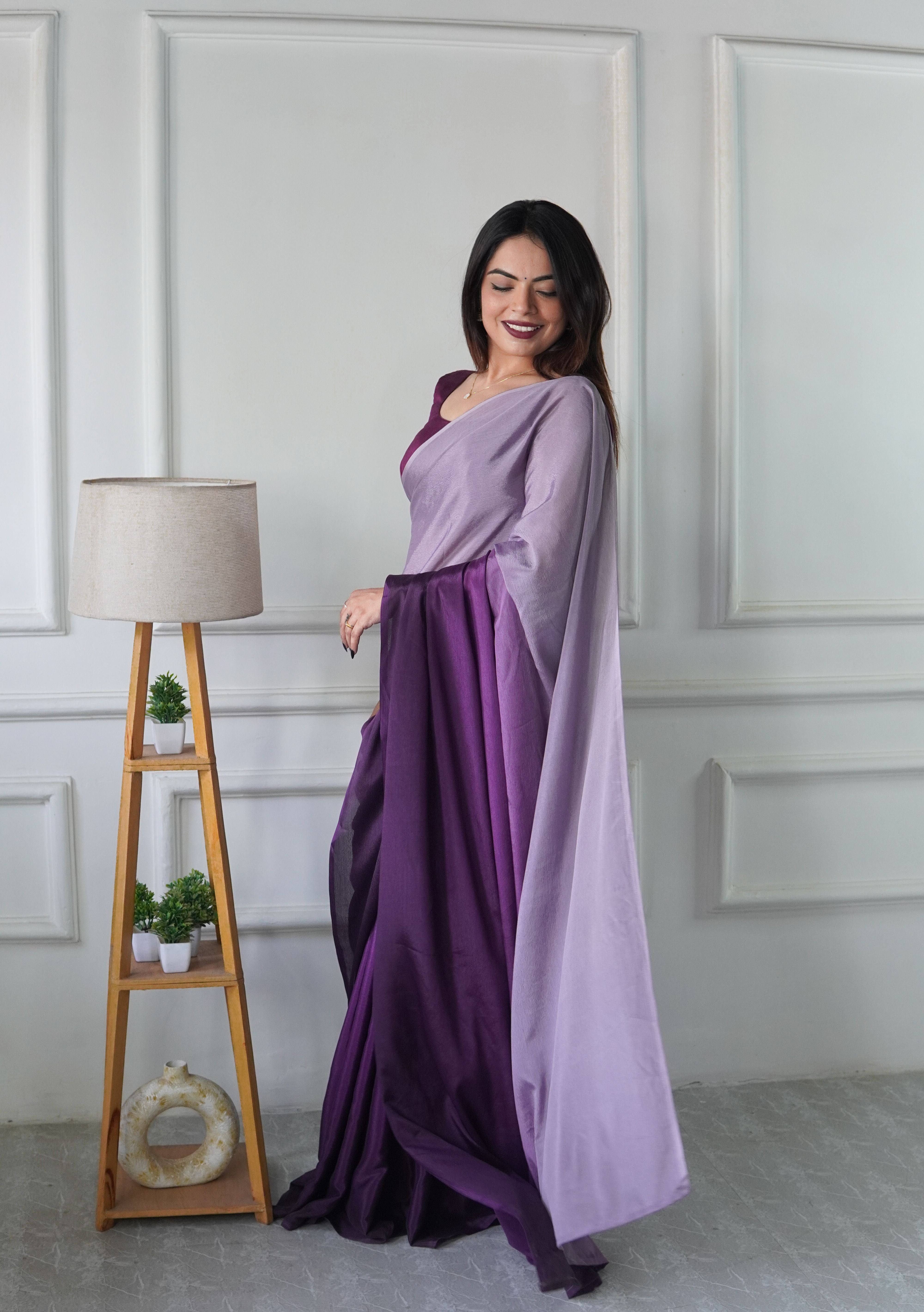 Lavender Chinon Pedding Solid Designer Ready To Wear Saree