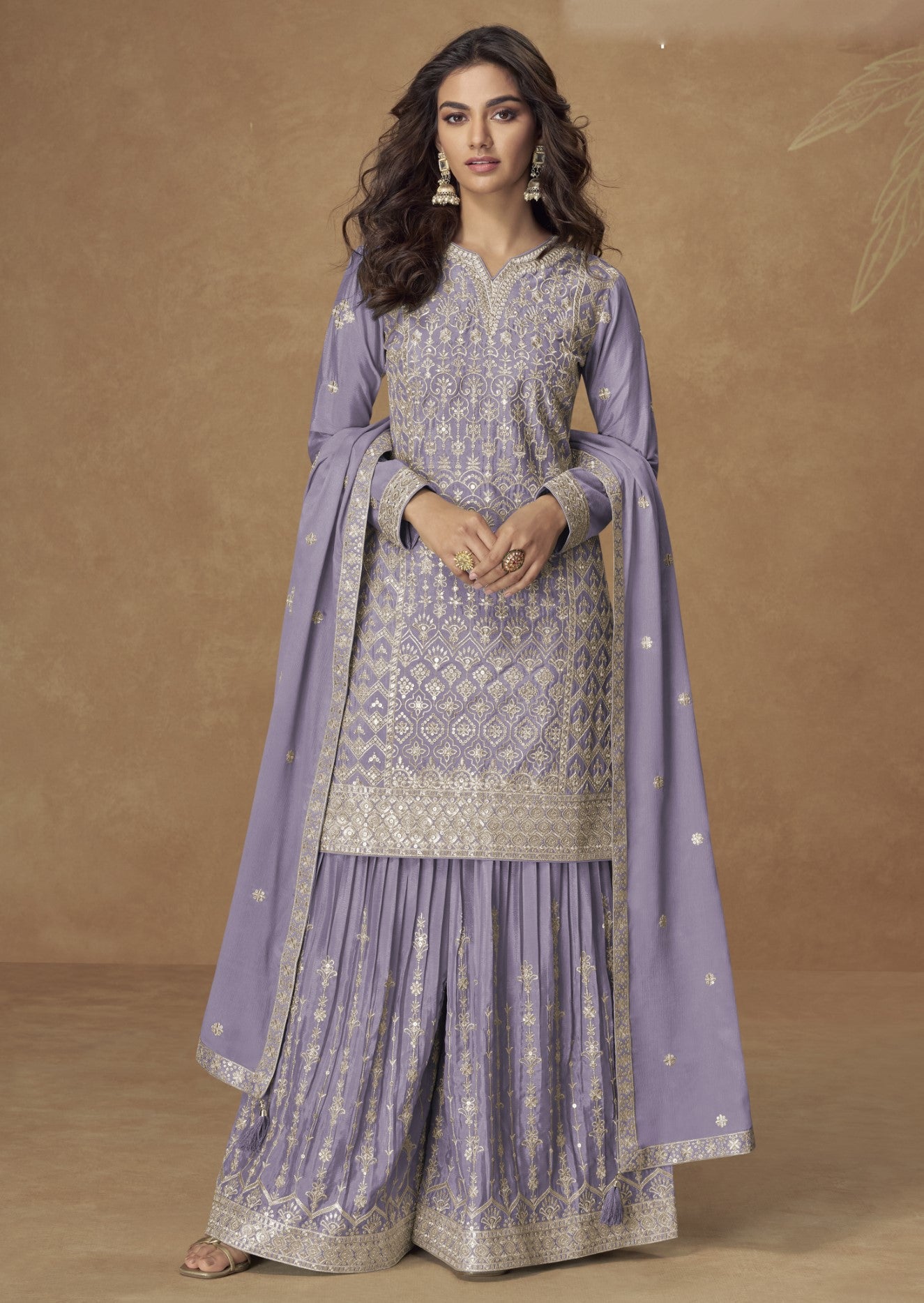 Lavender Chinon Silk Salwar Suit With Zari Sequin Embroidery