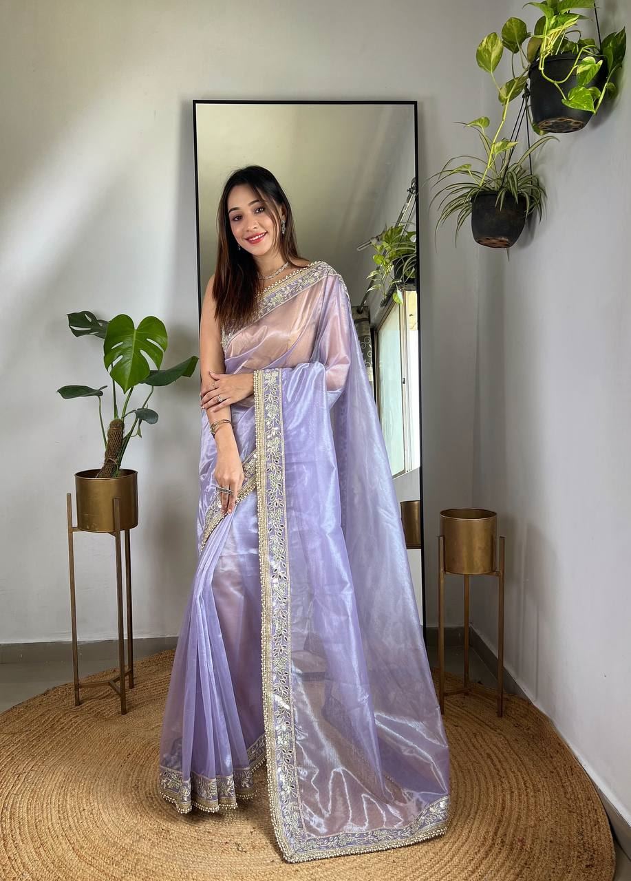 Lavender Colour Silver Tissue Silk Embroidery And Mirror Work Saree