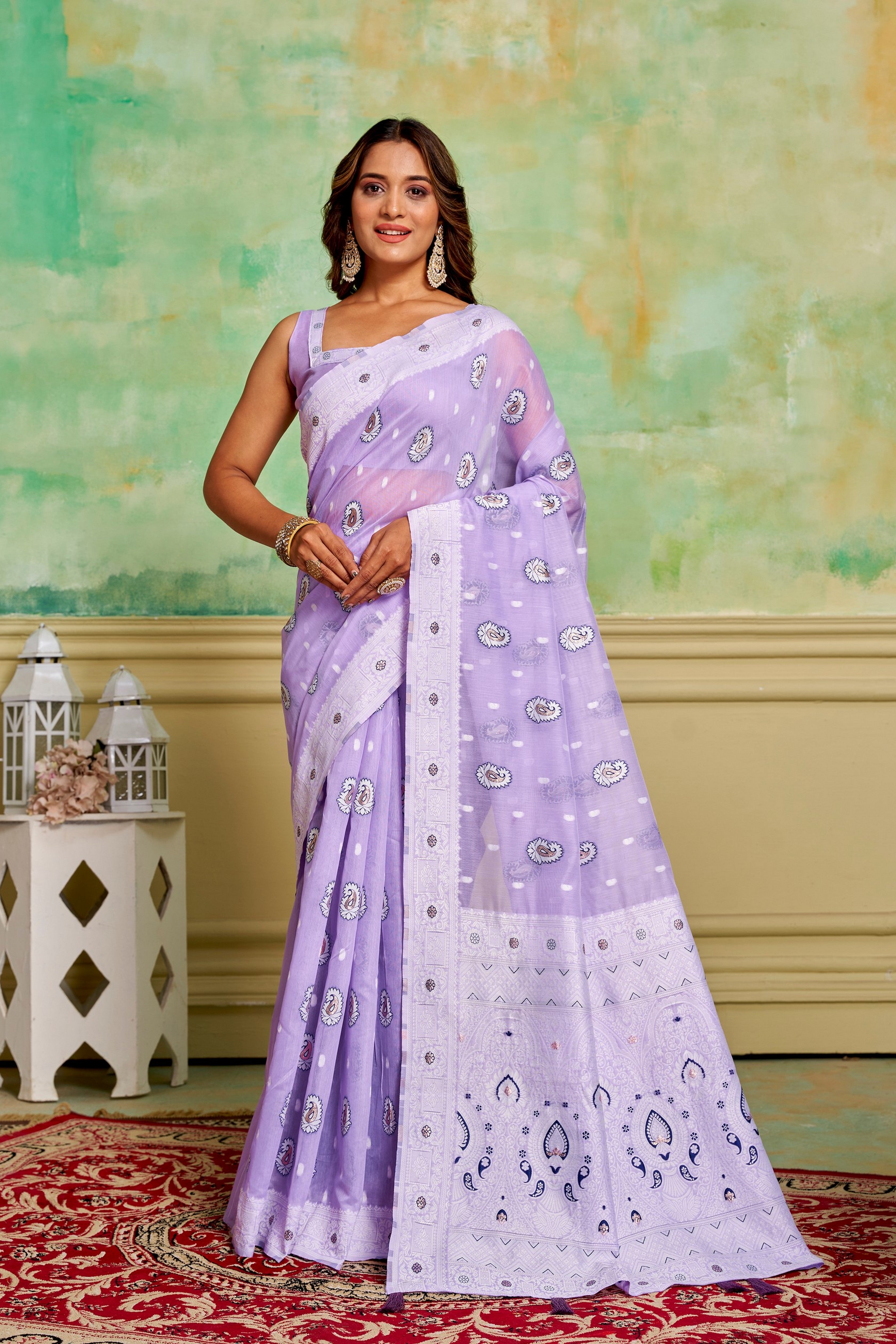 Lavender Cotton Fabric Woven Designer Ethnic Festive Wear Saree