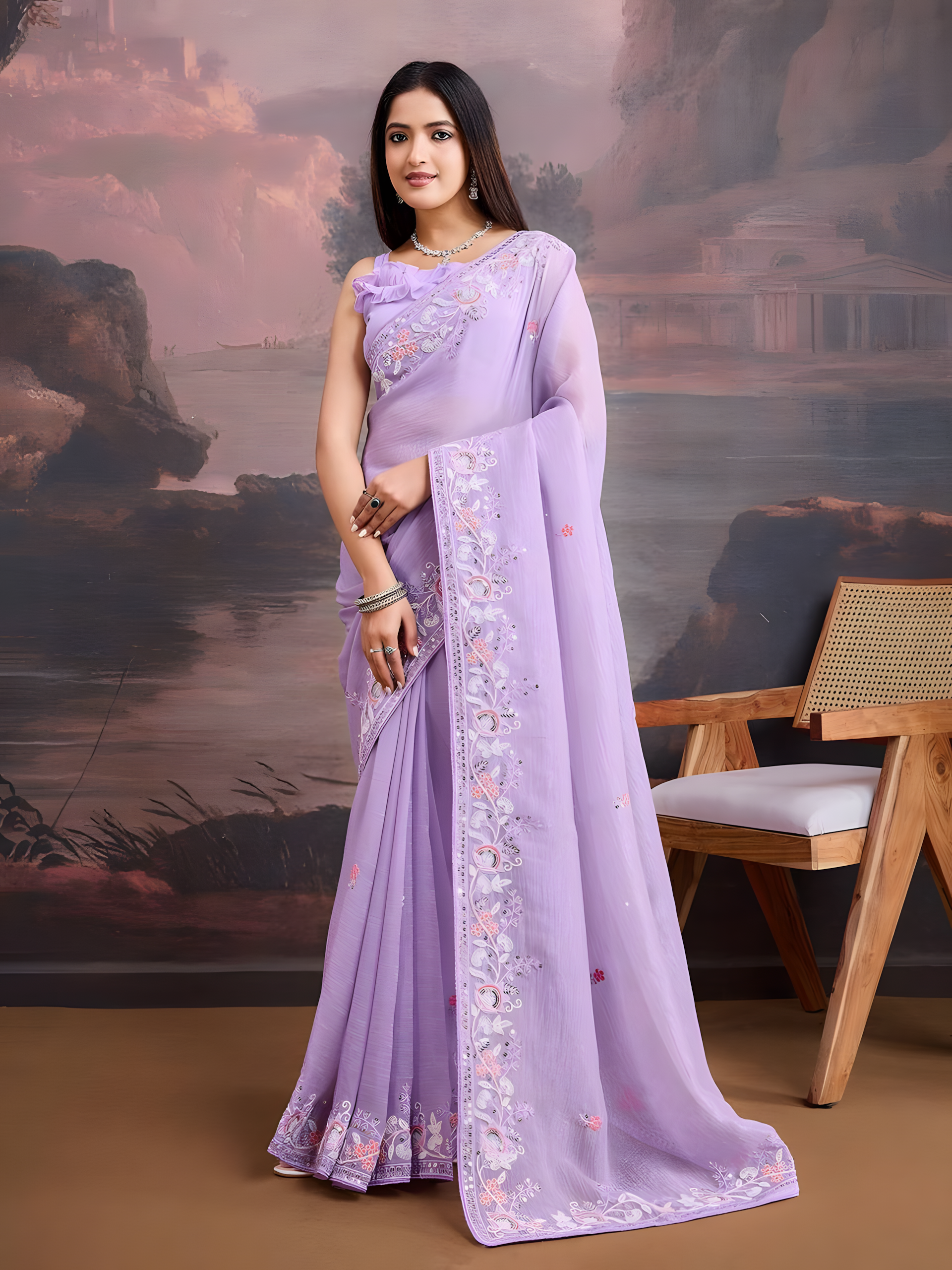 Lavender Curnchy Soft Organza Saree with C Pallu Embroidery work border