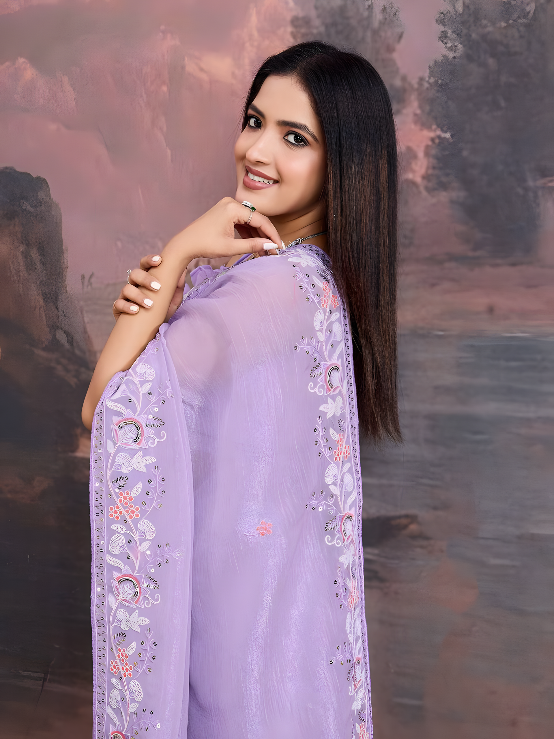 Lavender Curnchy Soft Organza Saree with C Pallu Embroidery work border