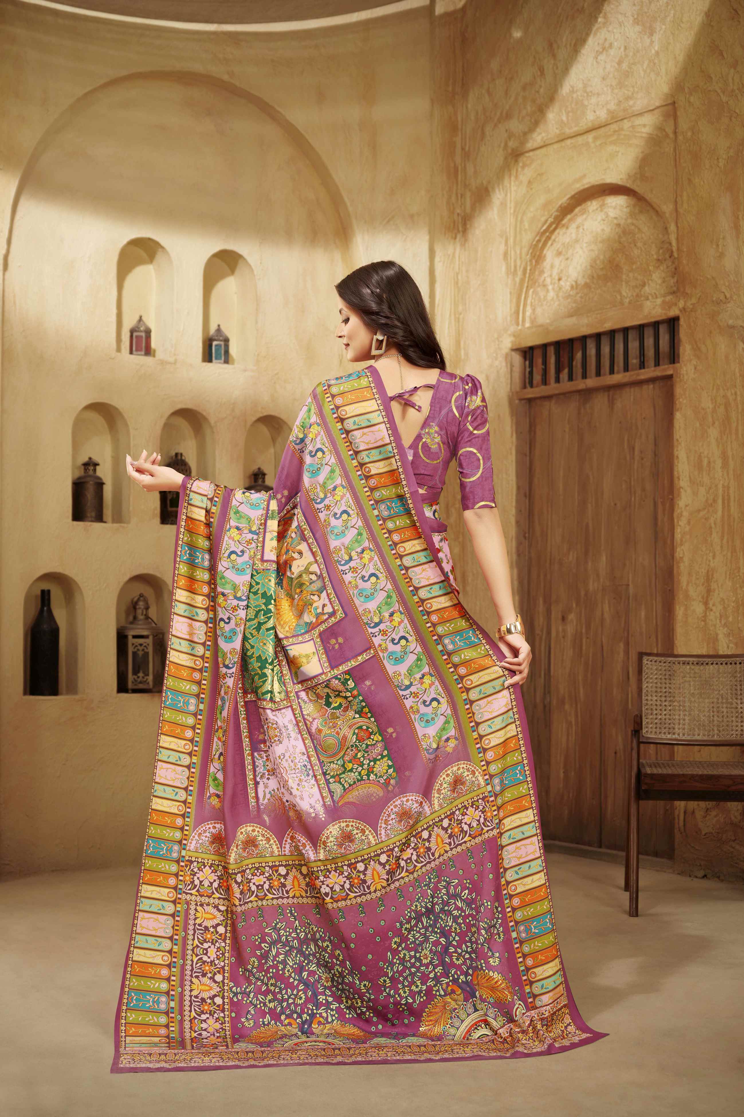 Lavender Designer Position Digital Foil Printed Crepe Silk Ethnic Festive Saree