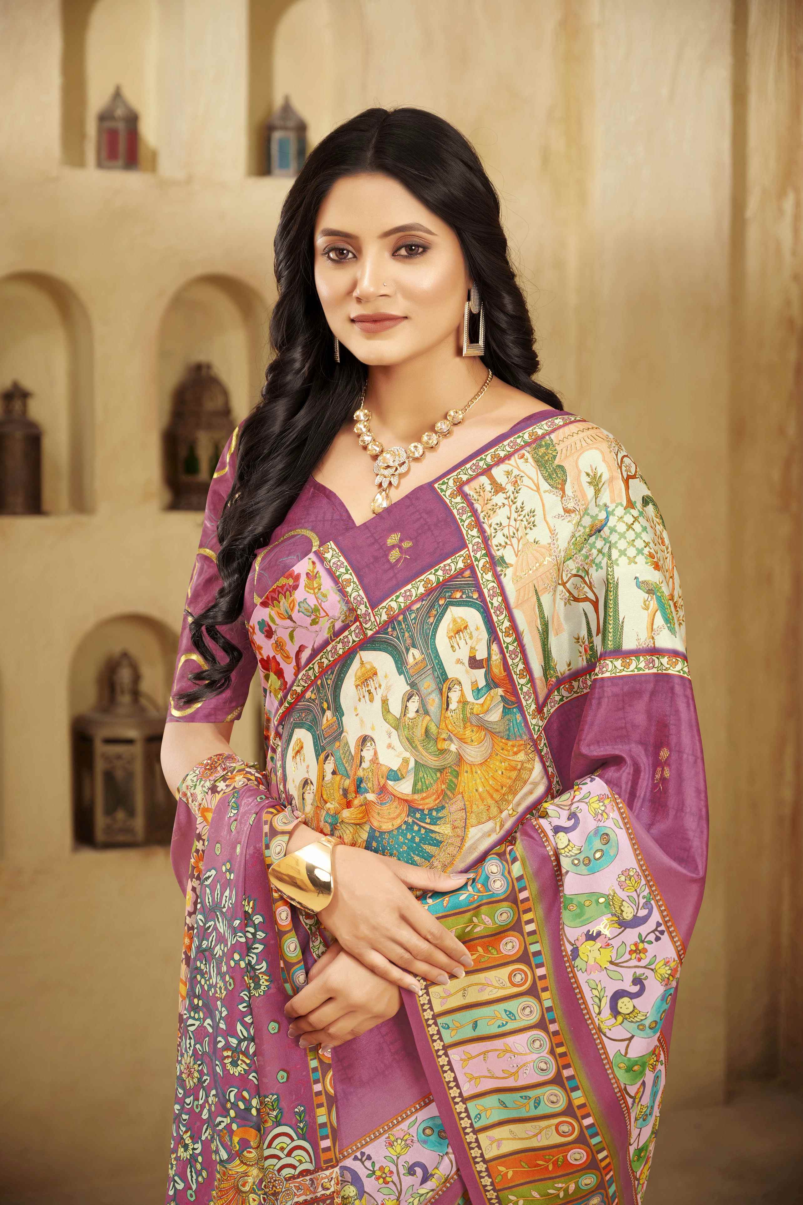 Lavender Designer Position Digital Foil Printed Crepe Silk Ethnic Festive Saree