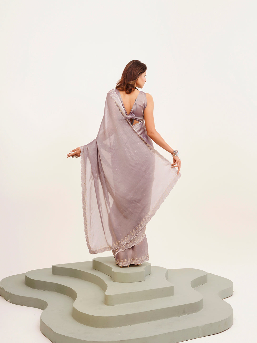 Lavender Embellished Beads And Stones Satin Saree For Beautiful Partywear Saree