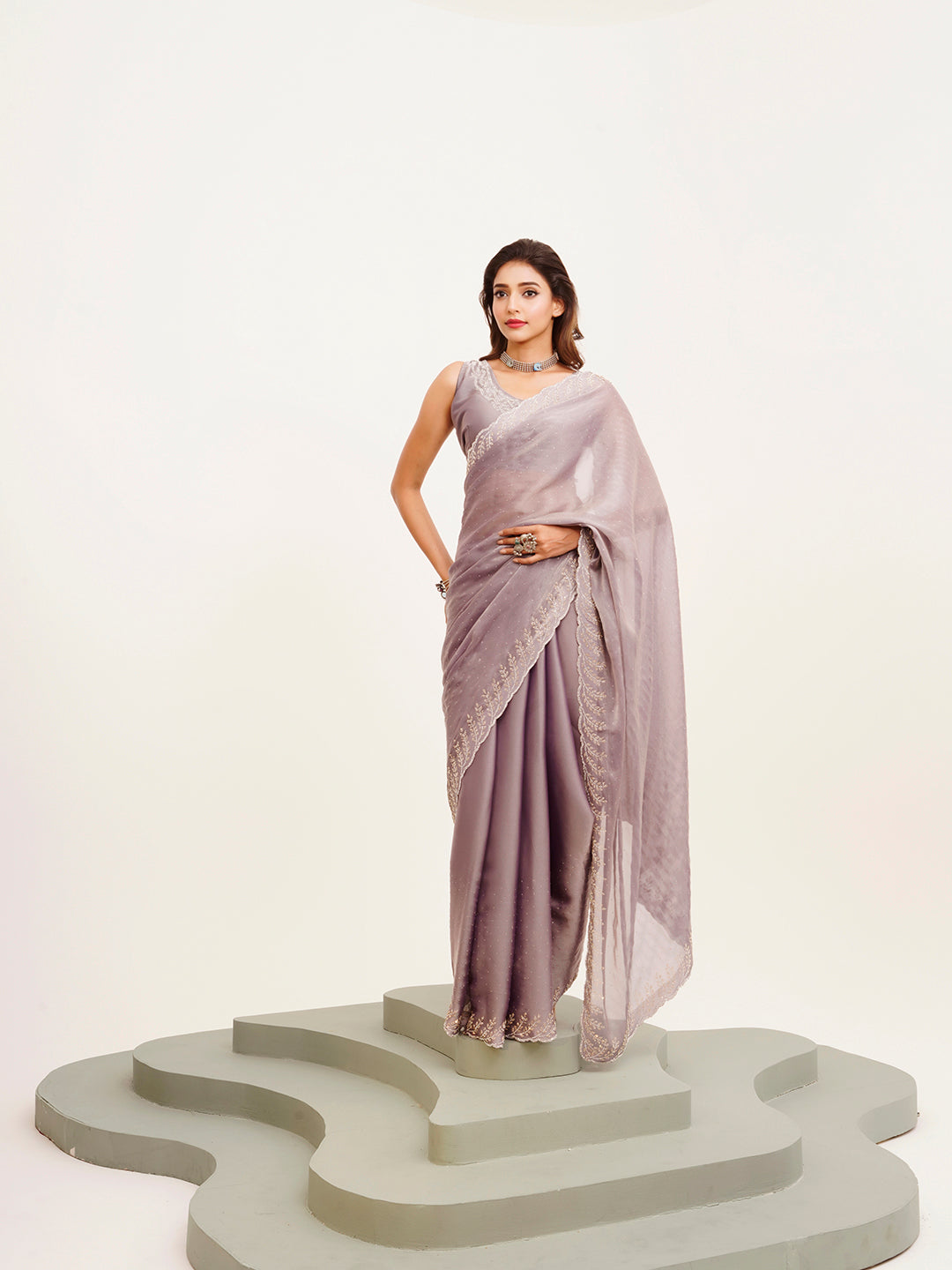 Lavender Embellished Beads And Stones Satin Saree For Beautiful Partywear Saree