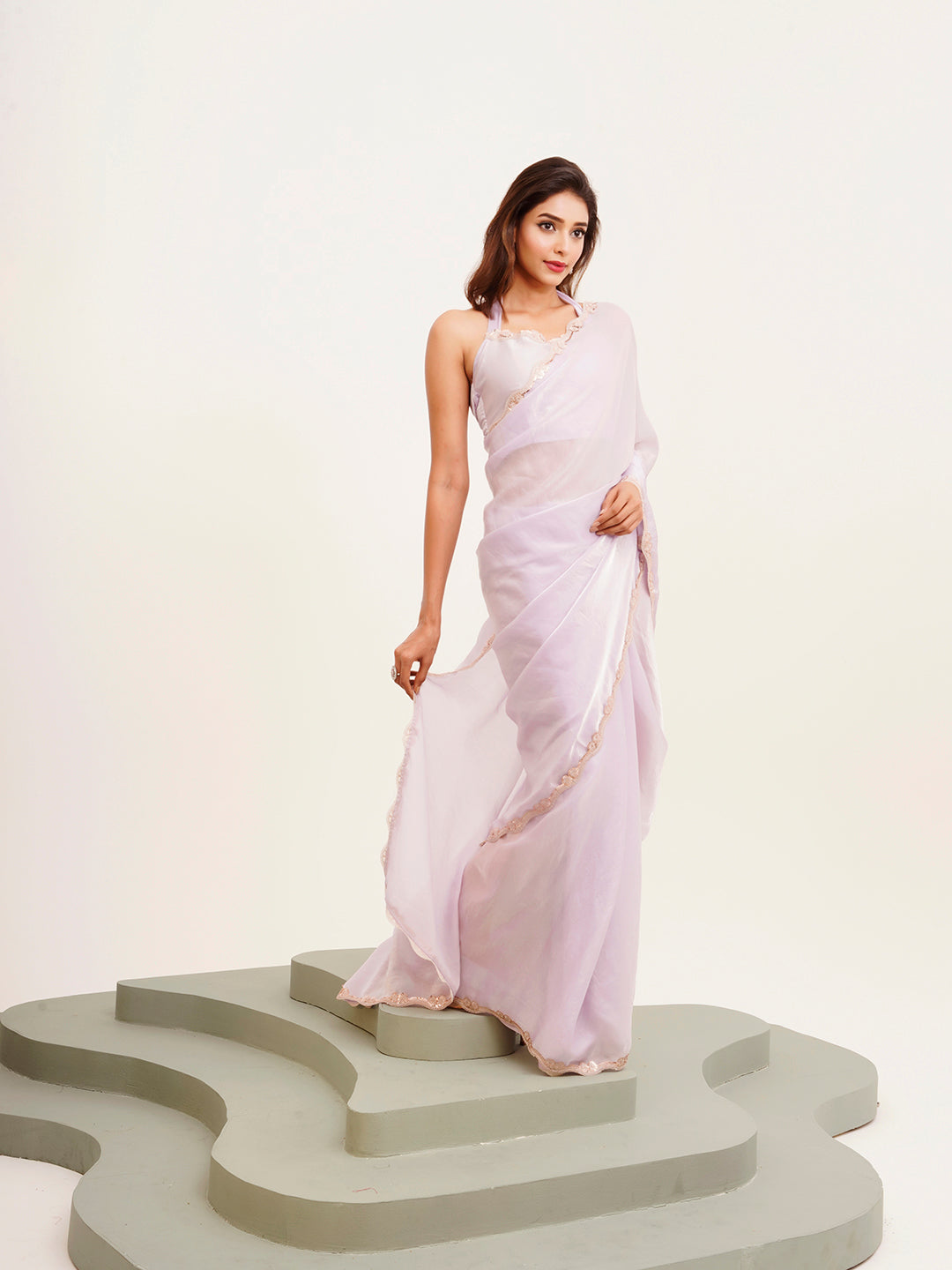 Lavender Embellished Sequinned Tissue Saree For Beautiful Partywear Saree