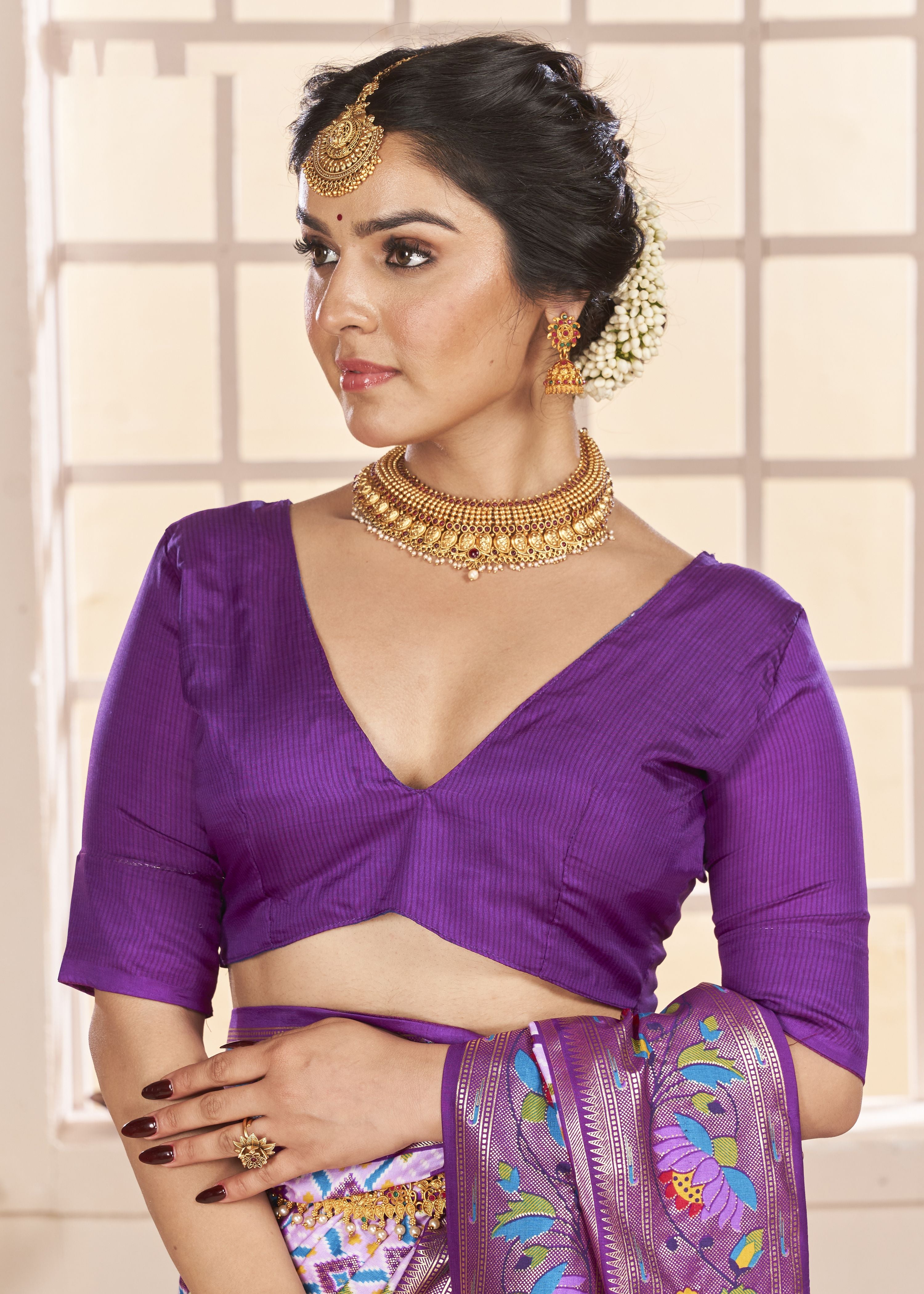 Lavender Ethnic Woven Border Designer With Ikkat Printed Cotton Silk Saree