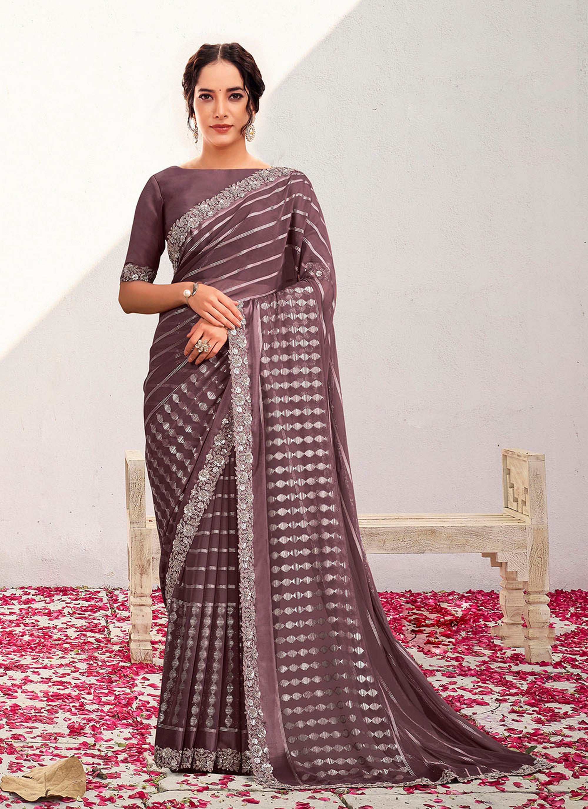 Lavender Georgette Kasab Heavy Embroidery Work Wedding Wear Saree