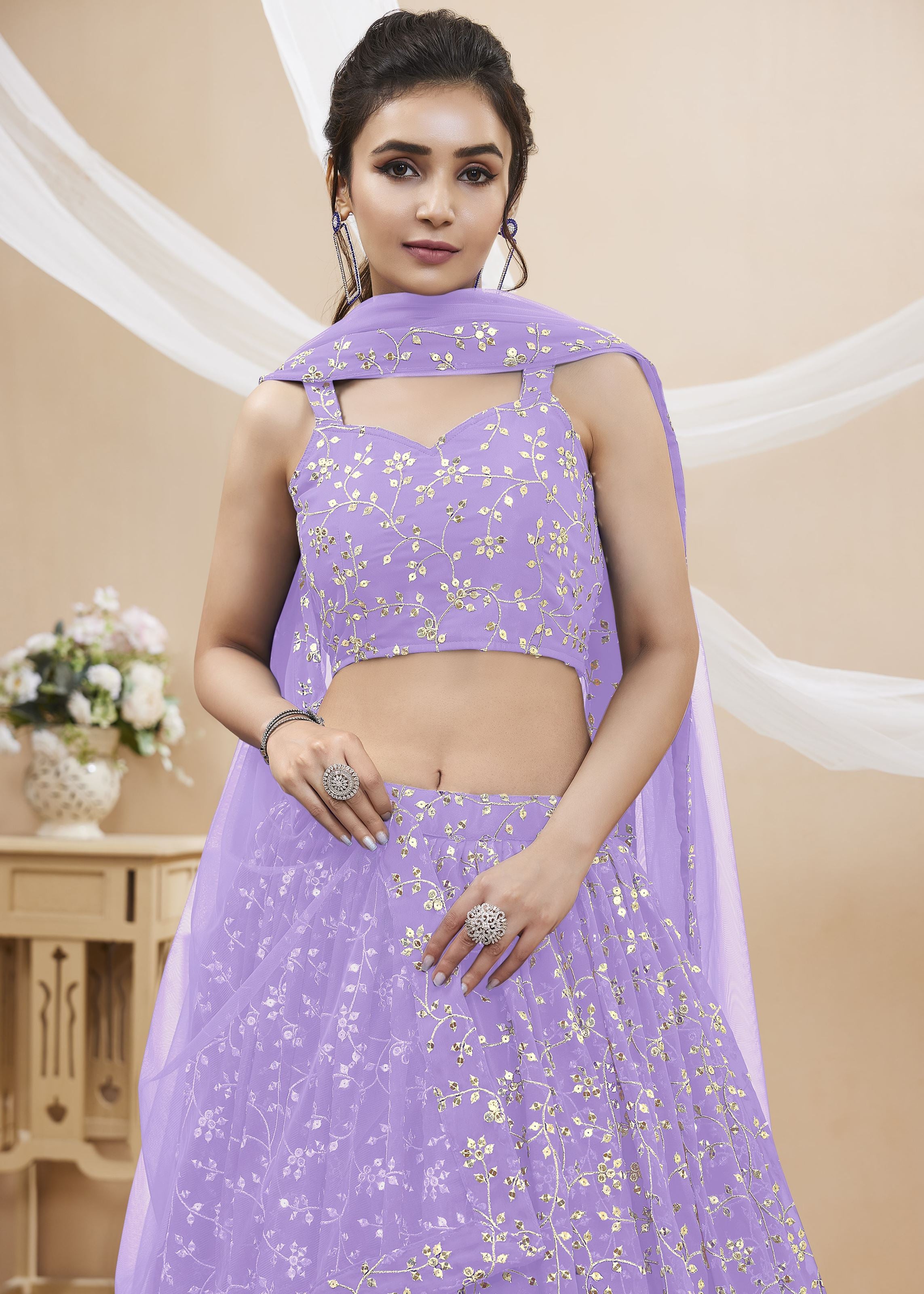 Lavender Georgette Lehenga Choli With Sequins Zari Embroidered Work