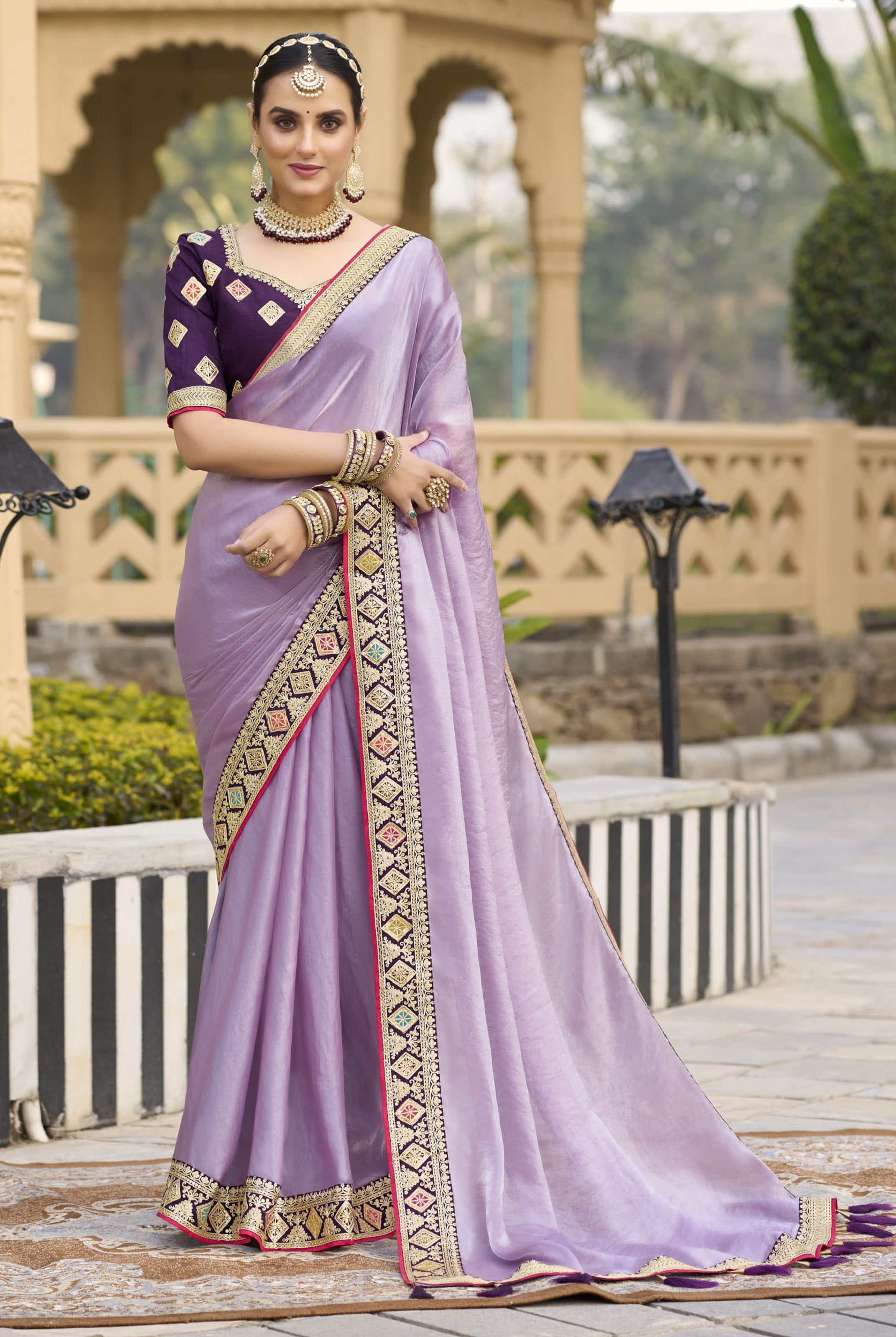 Lavender Georgette Plain Saree With Embroidered Lace Border