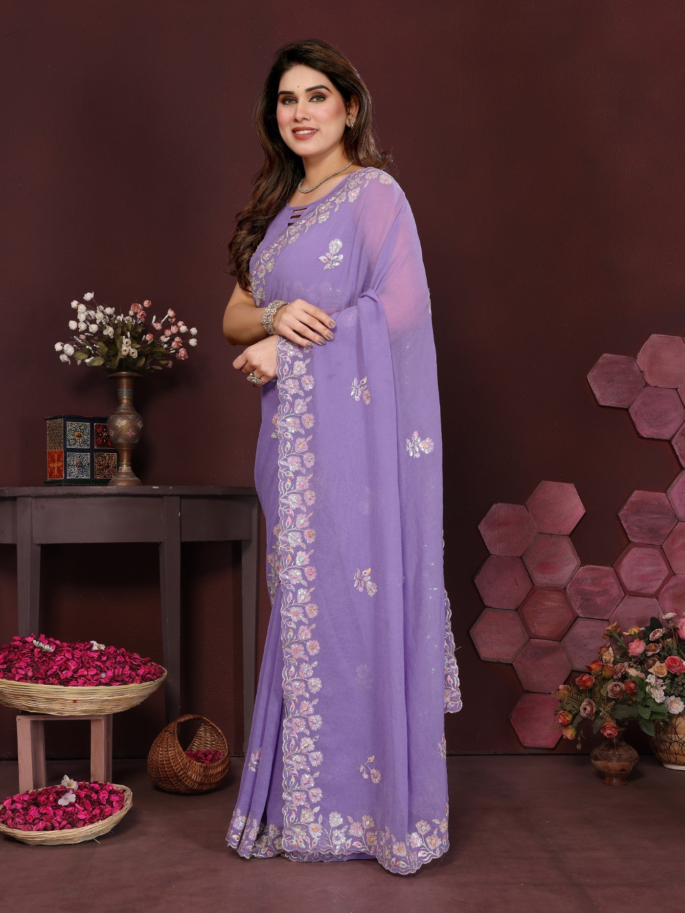 Lavender Georgette Saree With Embroidery Work And Designer Blouse