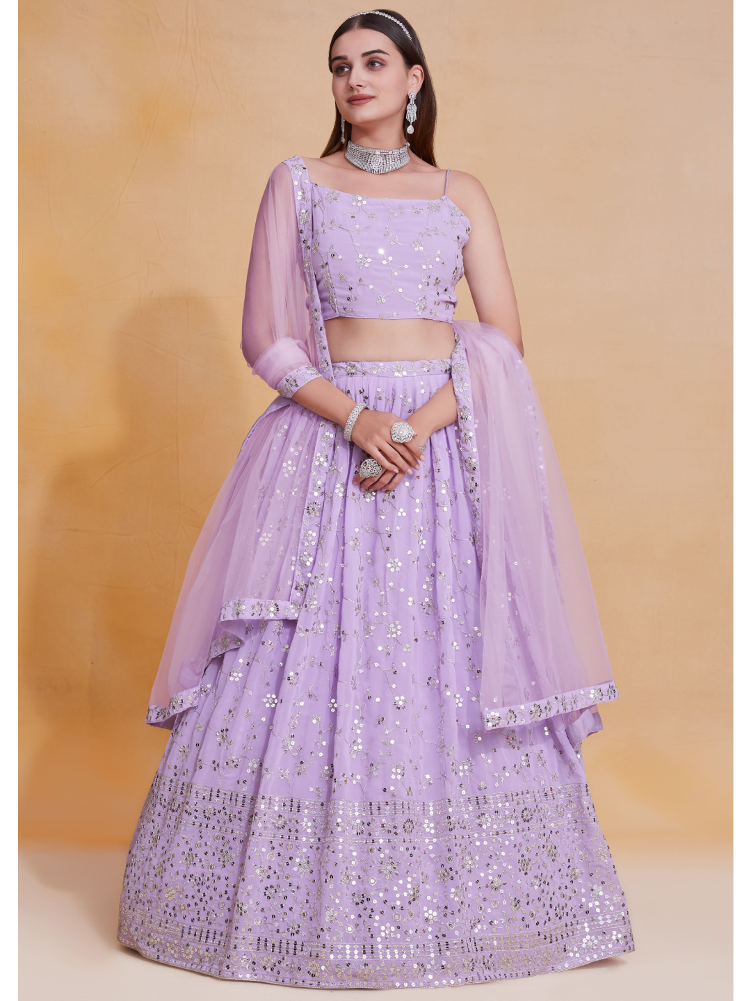 Lavender Georgette Sequence Embroidery Work Lehenga Choli