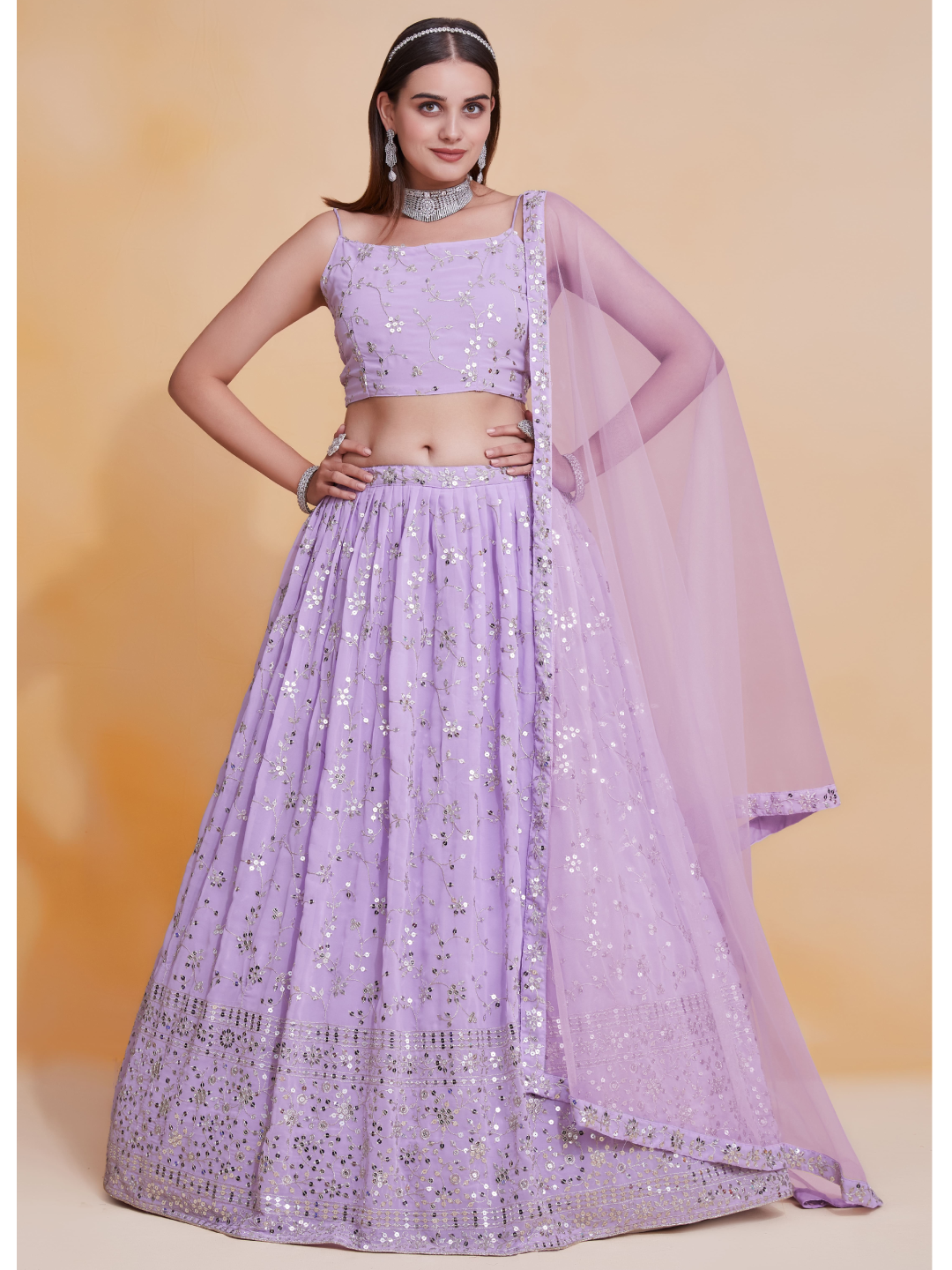 Lavender Georgette Sequence Embroidery Work Lehenga Choli