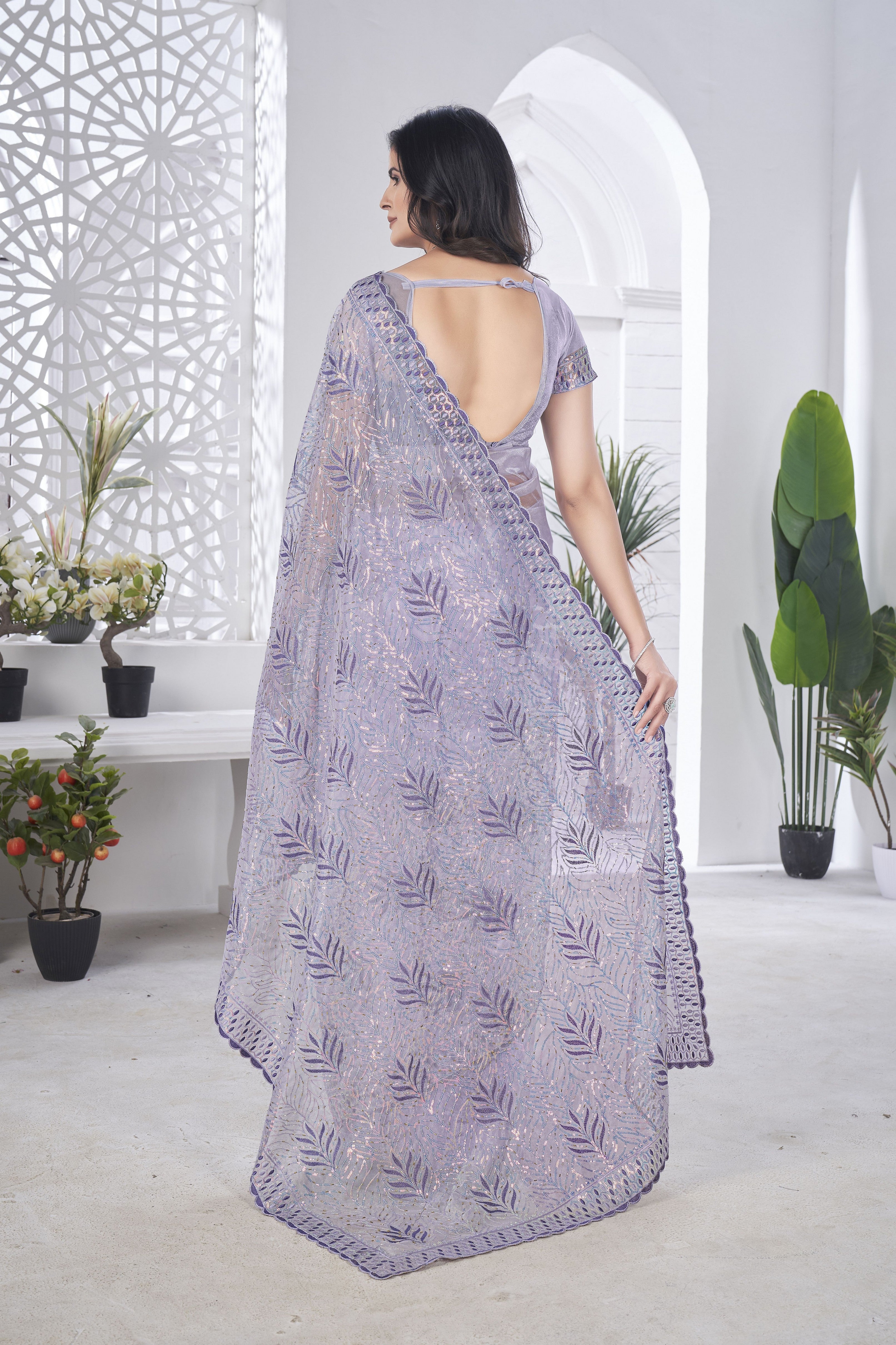 Lavender Girlie Tissue Net Designer Embroidered Saree