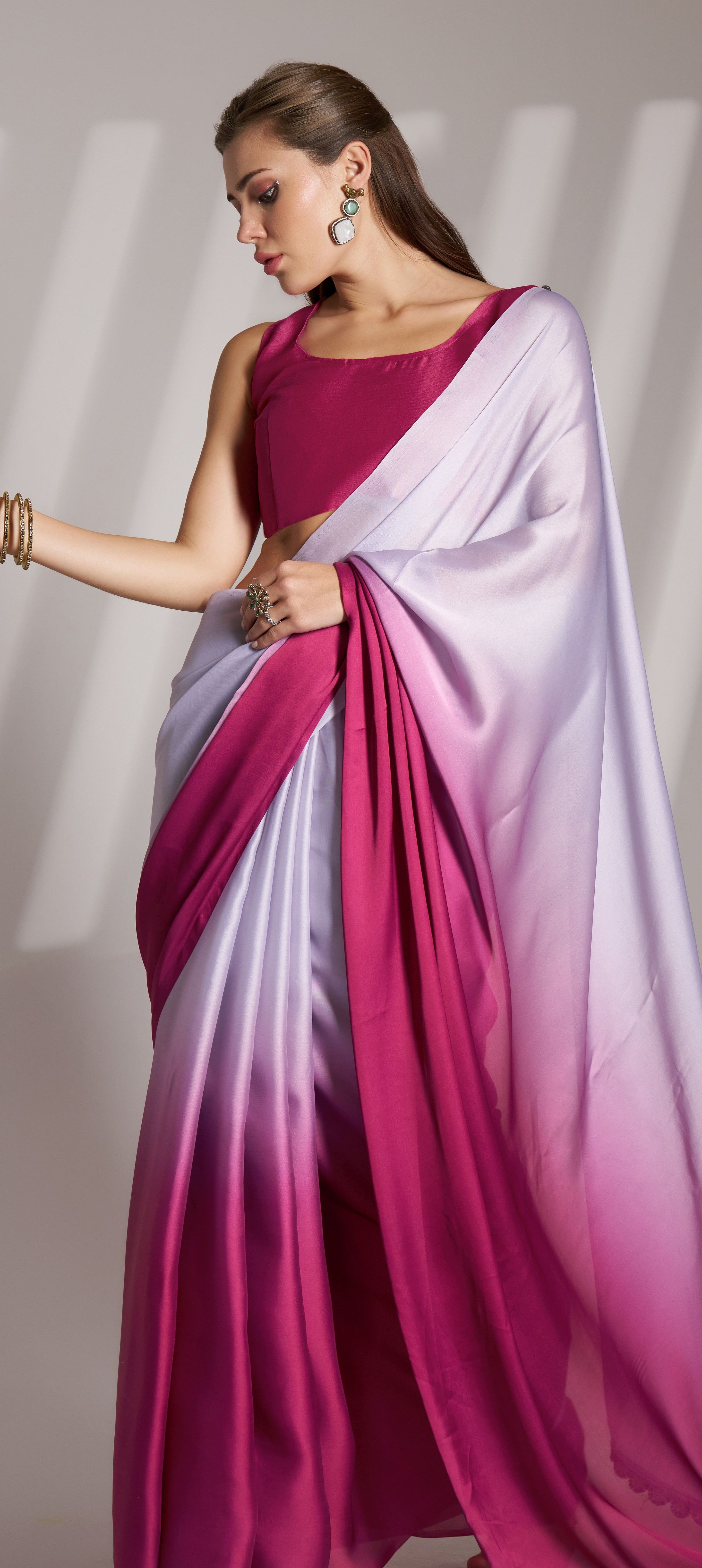 Lavender Glamorous Bollywood Style Solid Fancy Designer Chinon Saree