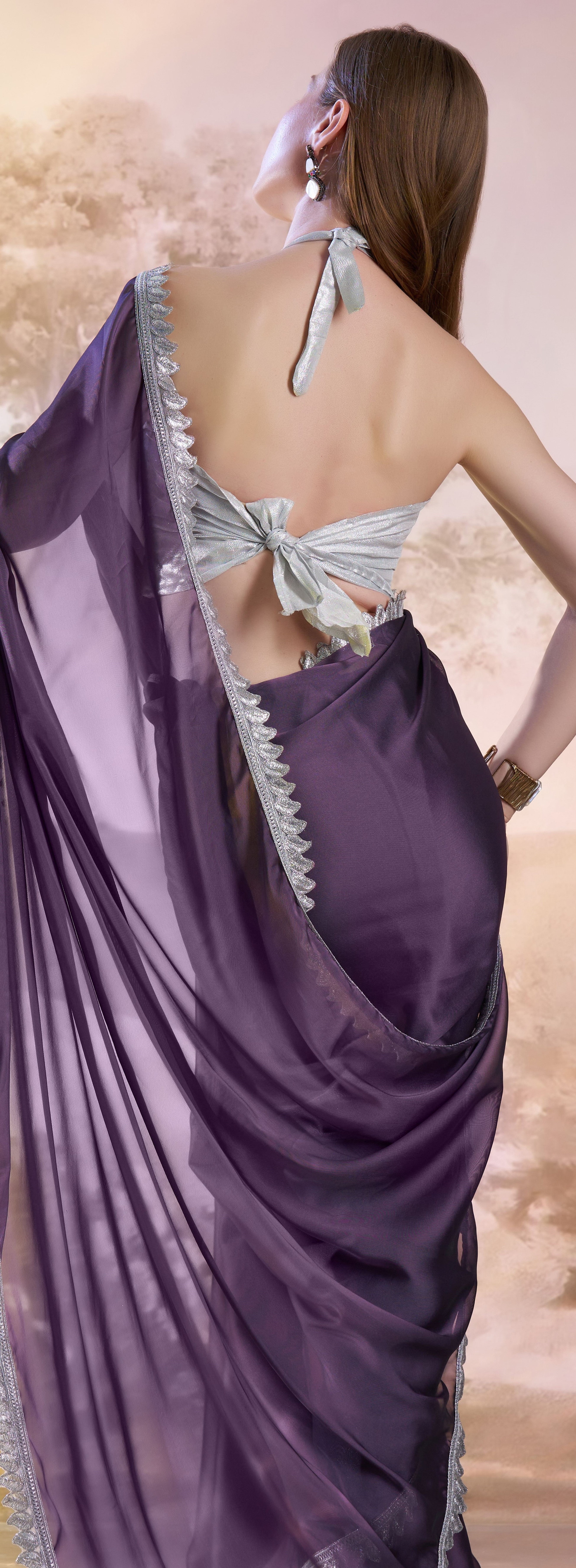 Lavender Glamorous Bollywood Style Solid Fancy Designer Satin Rangoli Saree
