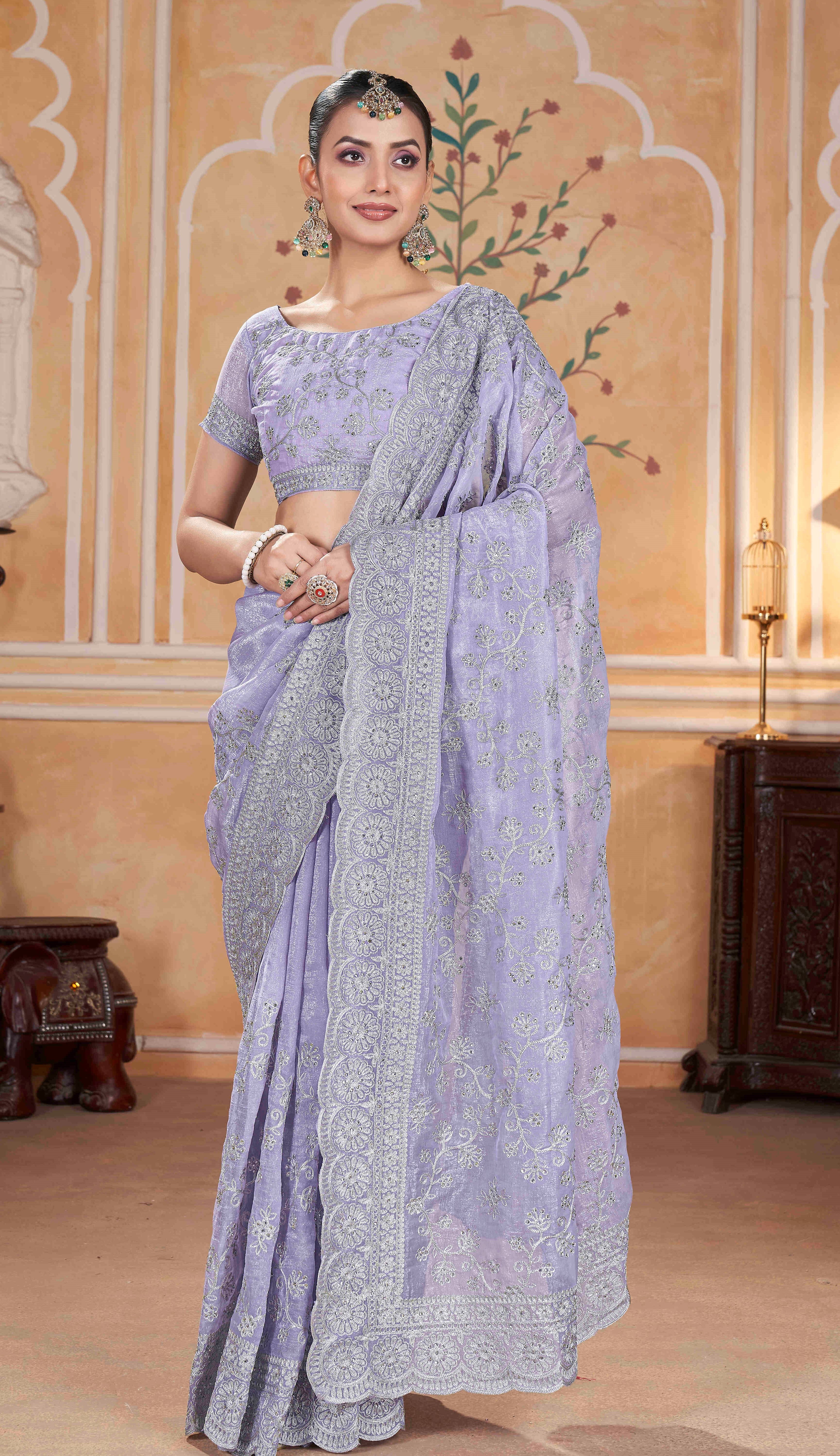 Lavender Gold Crunchy Ceremonial Saree With Heavy Partywear Looks