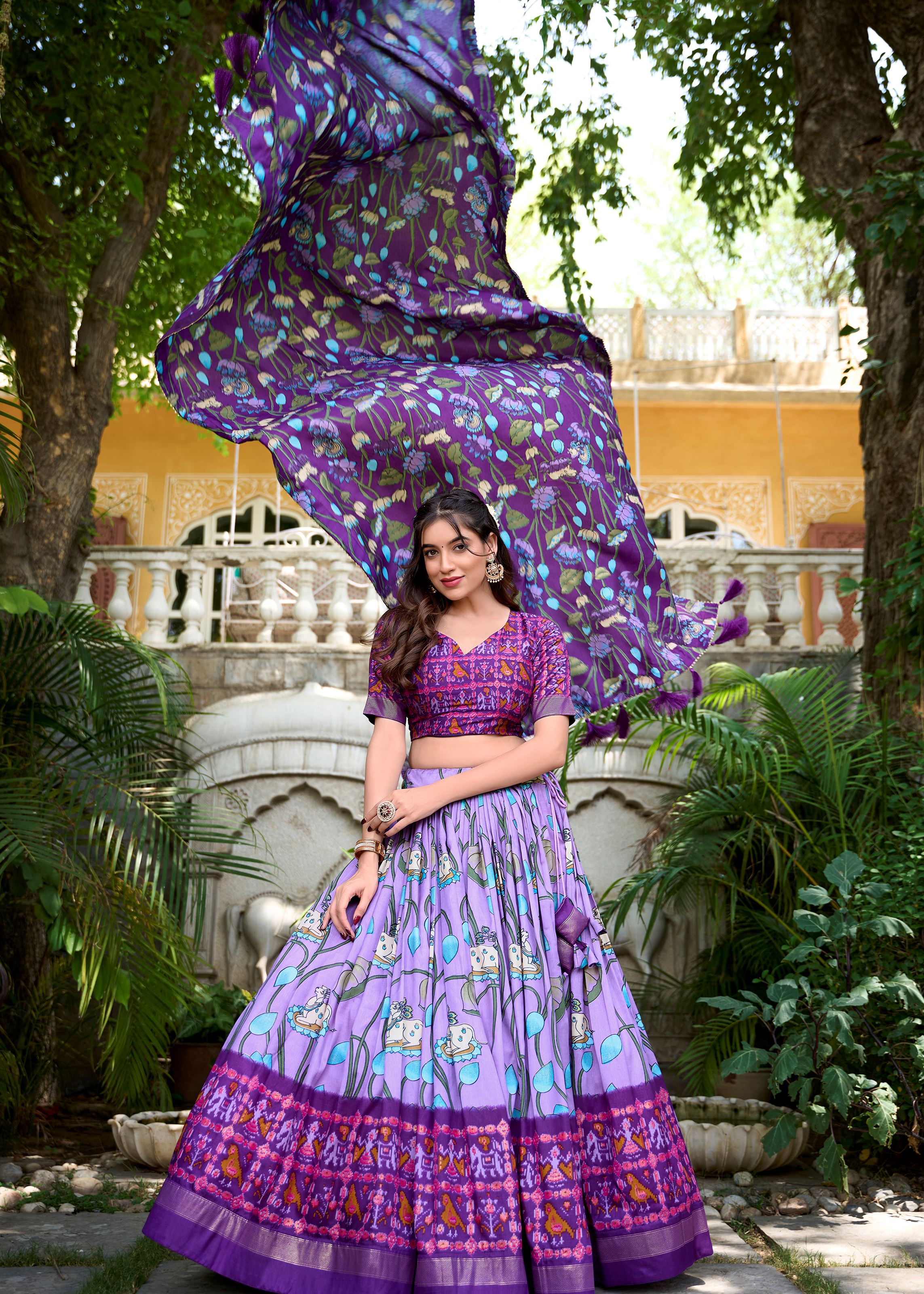 Lavender Grace Tussar Silk Patola Print Lehenga