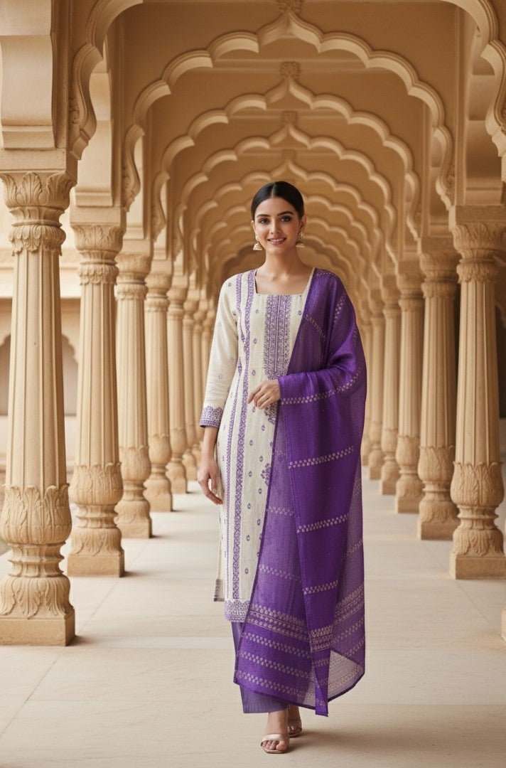 Lavender Jacquard Silk Designer Suit Set With Rich Woven Patterns