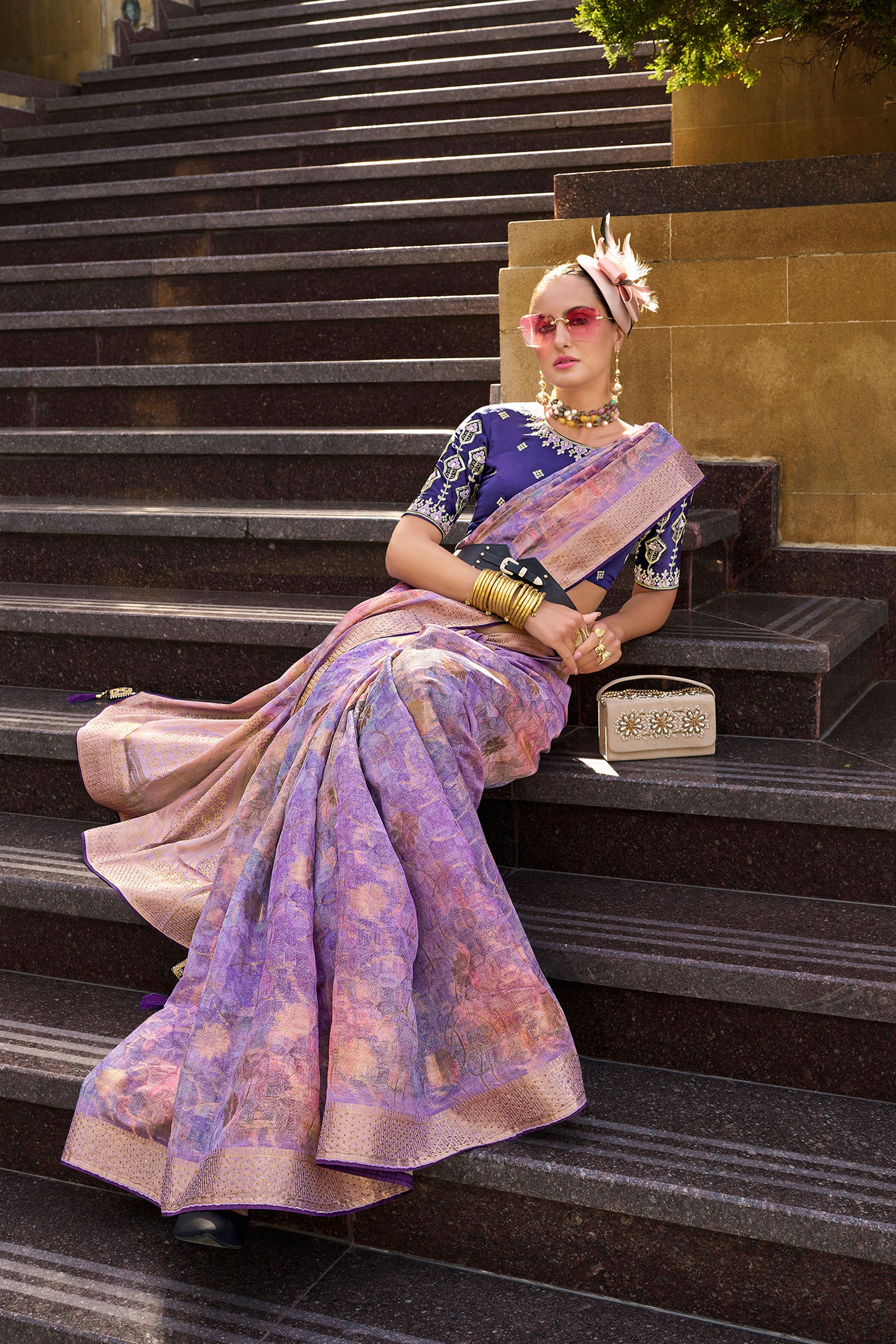 Lavender Jacquard Silk Woven Saree With Embroidered Blouse