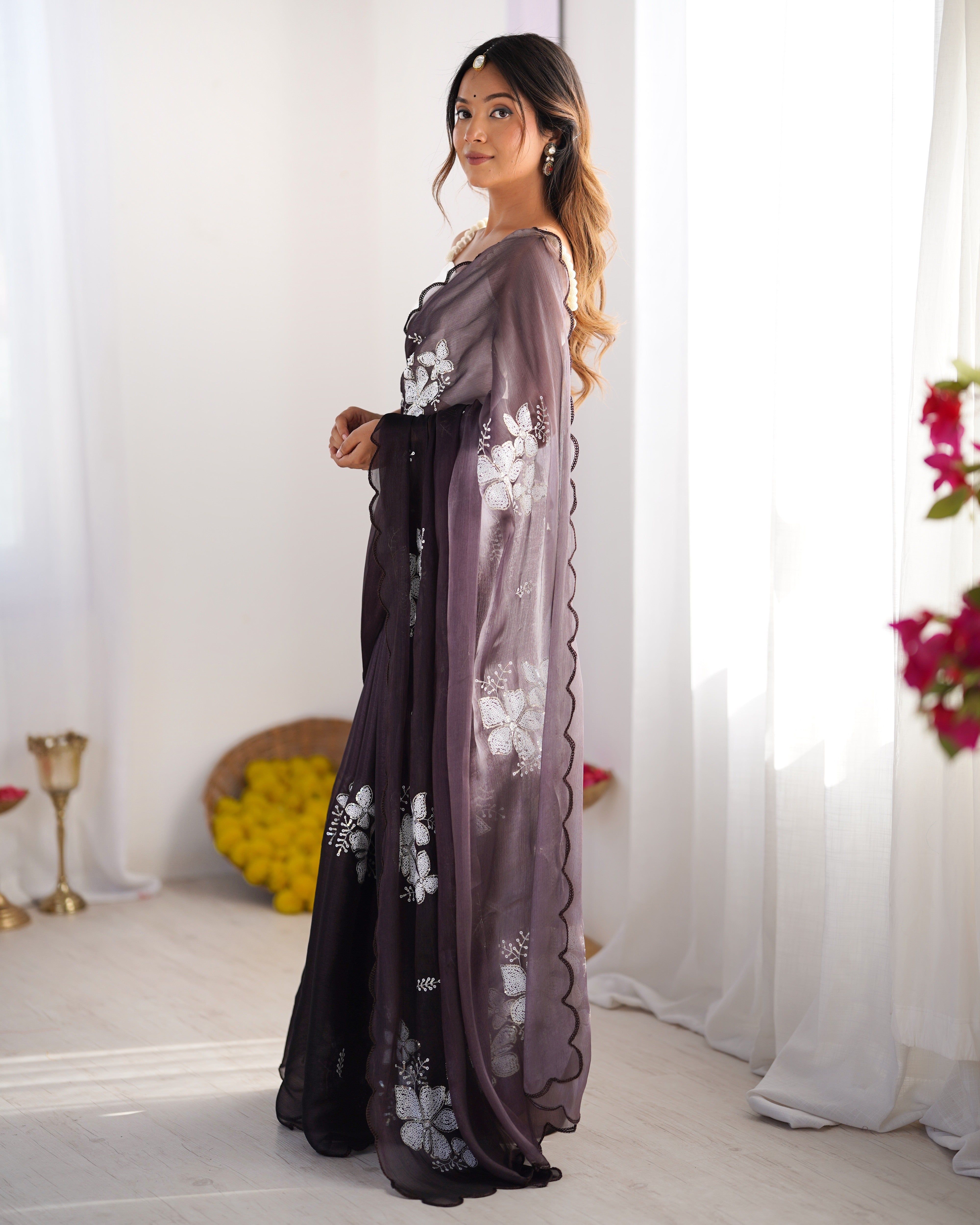 Lavender Jimmy Choo Designer Dual Sequance Embroidery Work Beautiful Partywear Saree