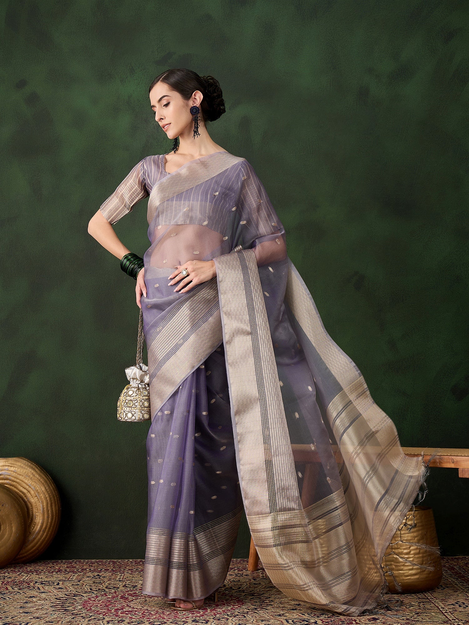 Lavender Khadi Organza Ethnic Woven Designer Saree For Festive Looks