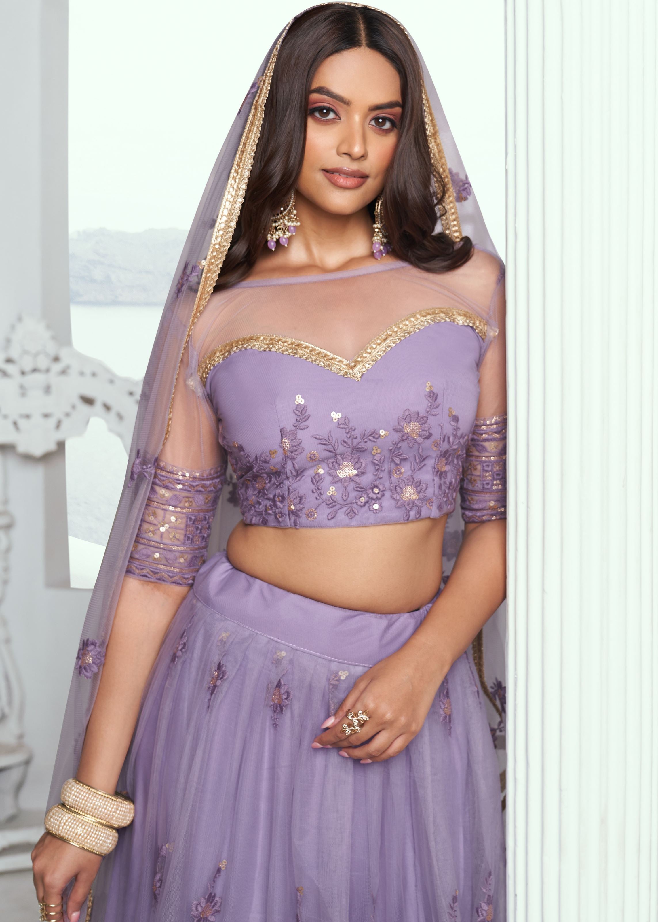 Lavender Lehenga with Heavy Thread Embroidery Sequins Work
