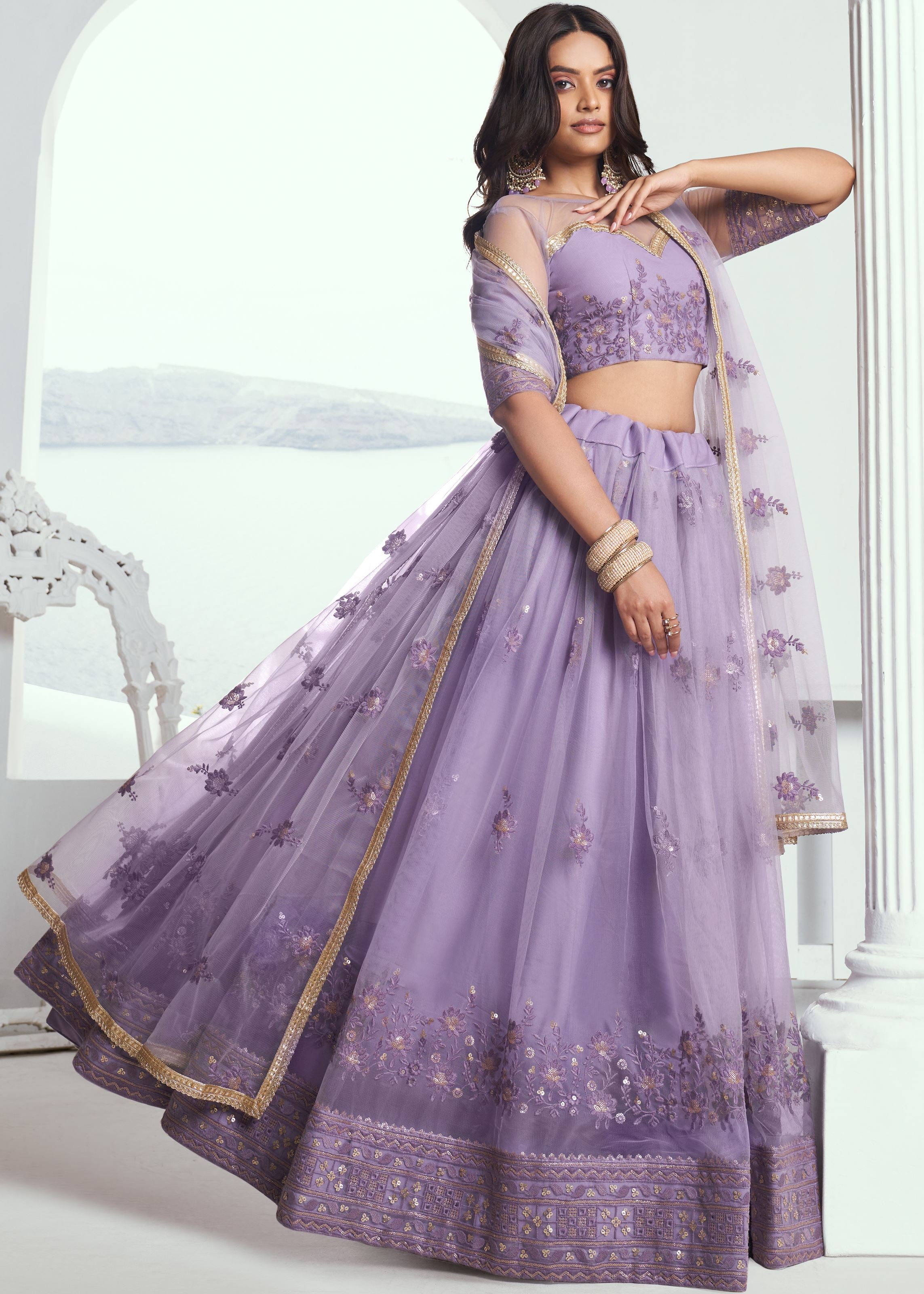Lavender Lehenga with Heavy Thread Embroidery Sequins Work
