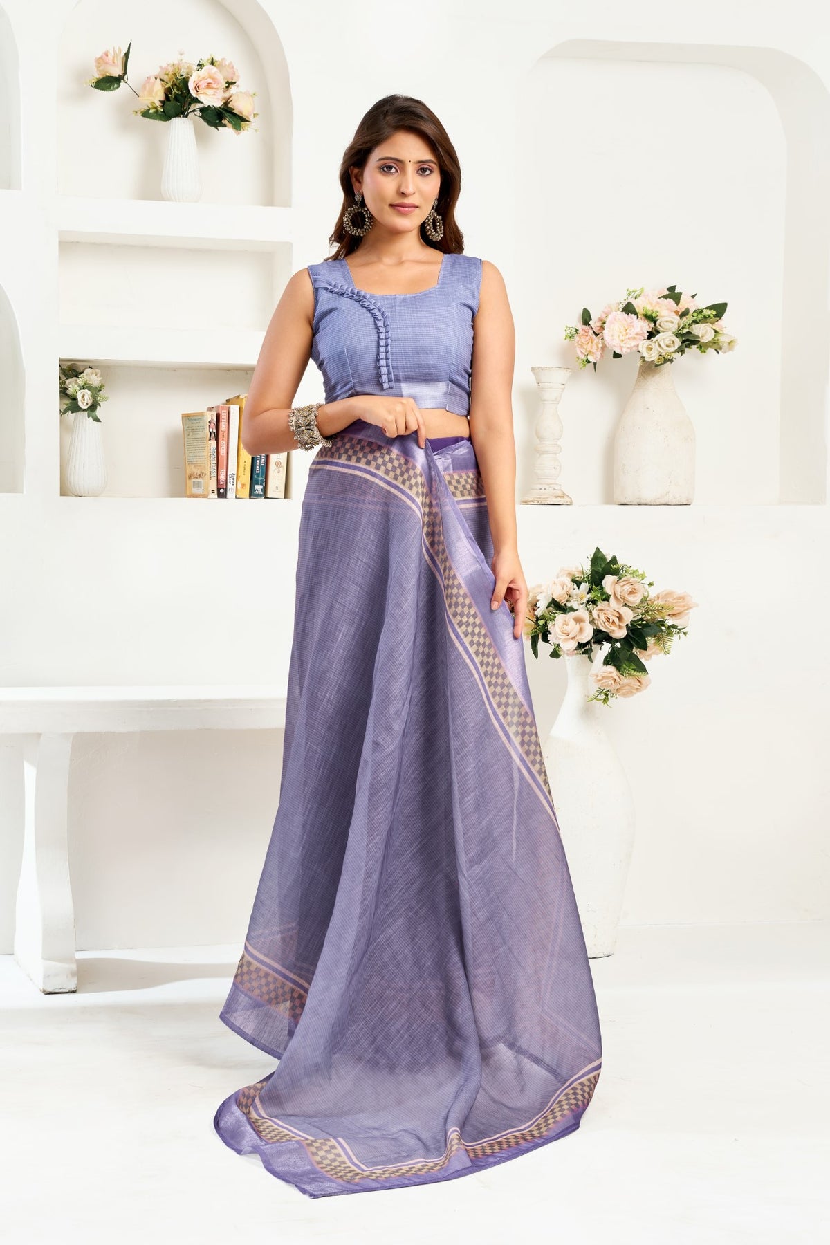 Lavender Linen Ready To Wear Saree With Zari Border Printed