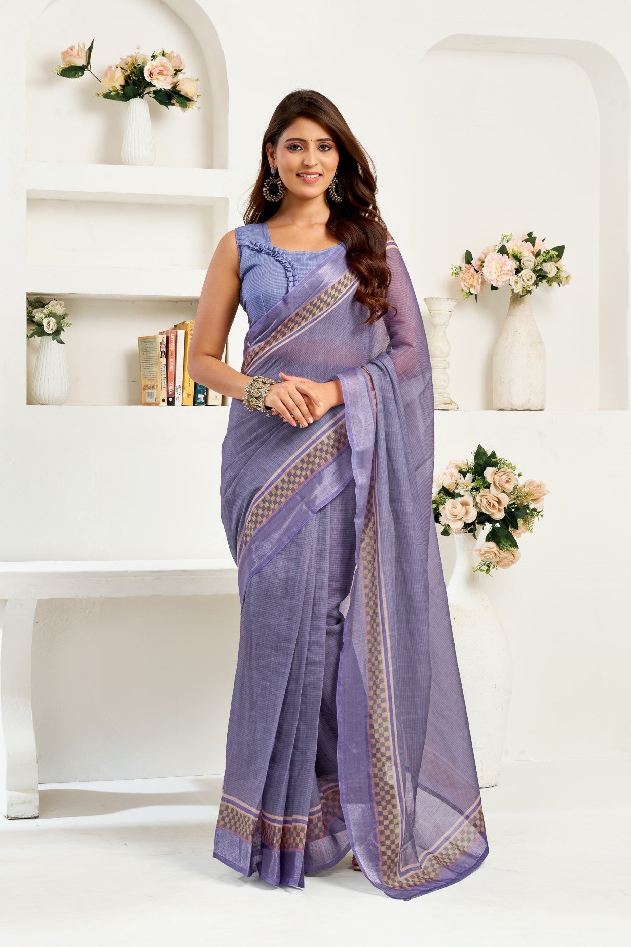 Lavender Linen Ready To Wear Saree With Zari Border Printed