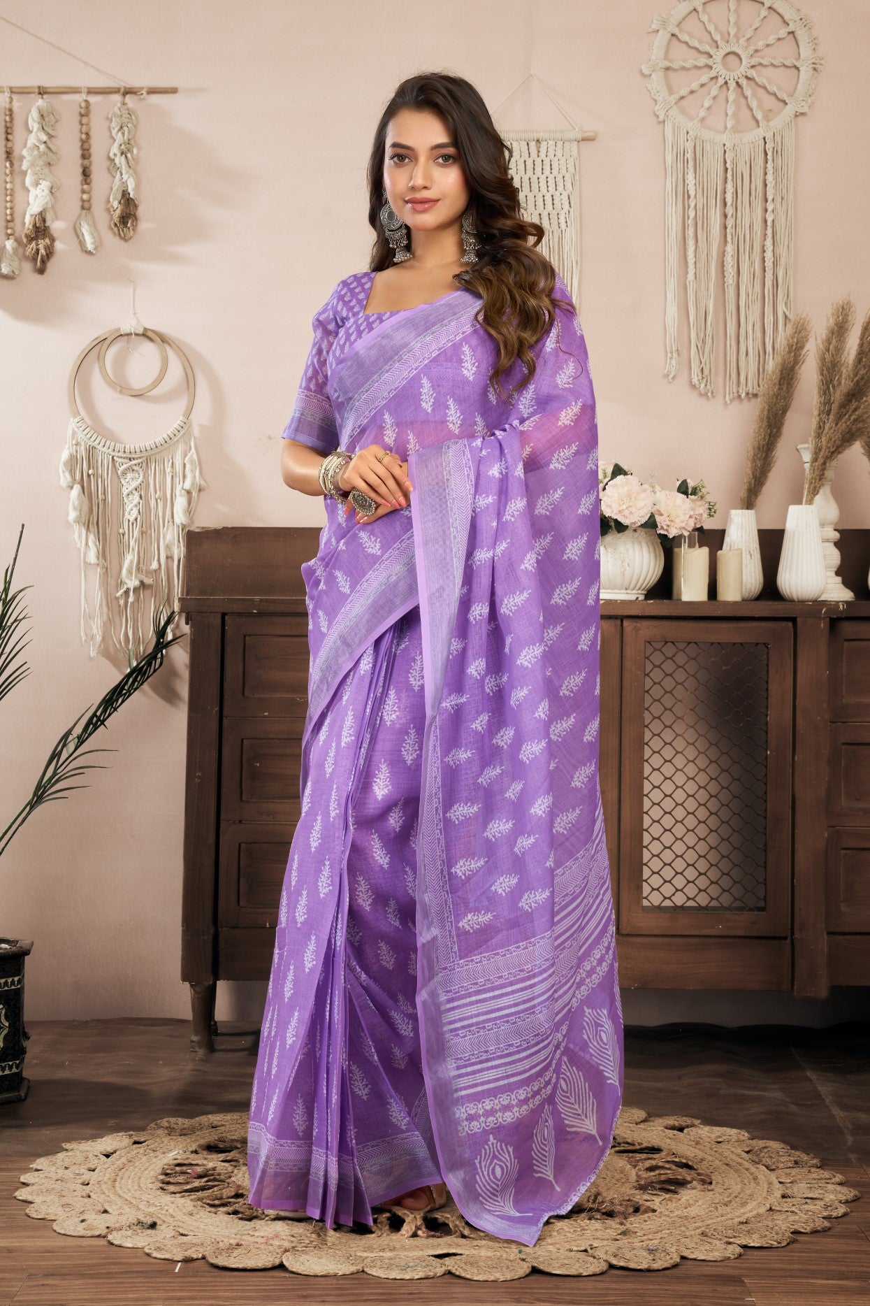 Lavender Linen Ready To Wear Saree With Zari Border Printed