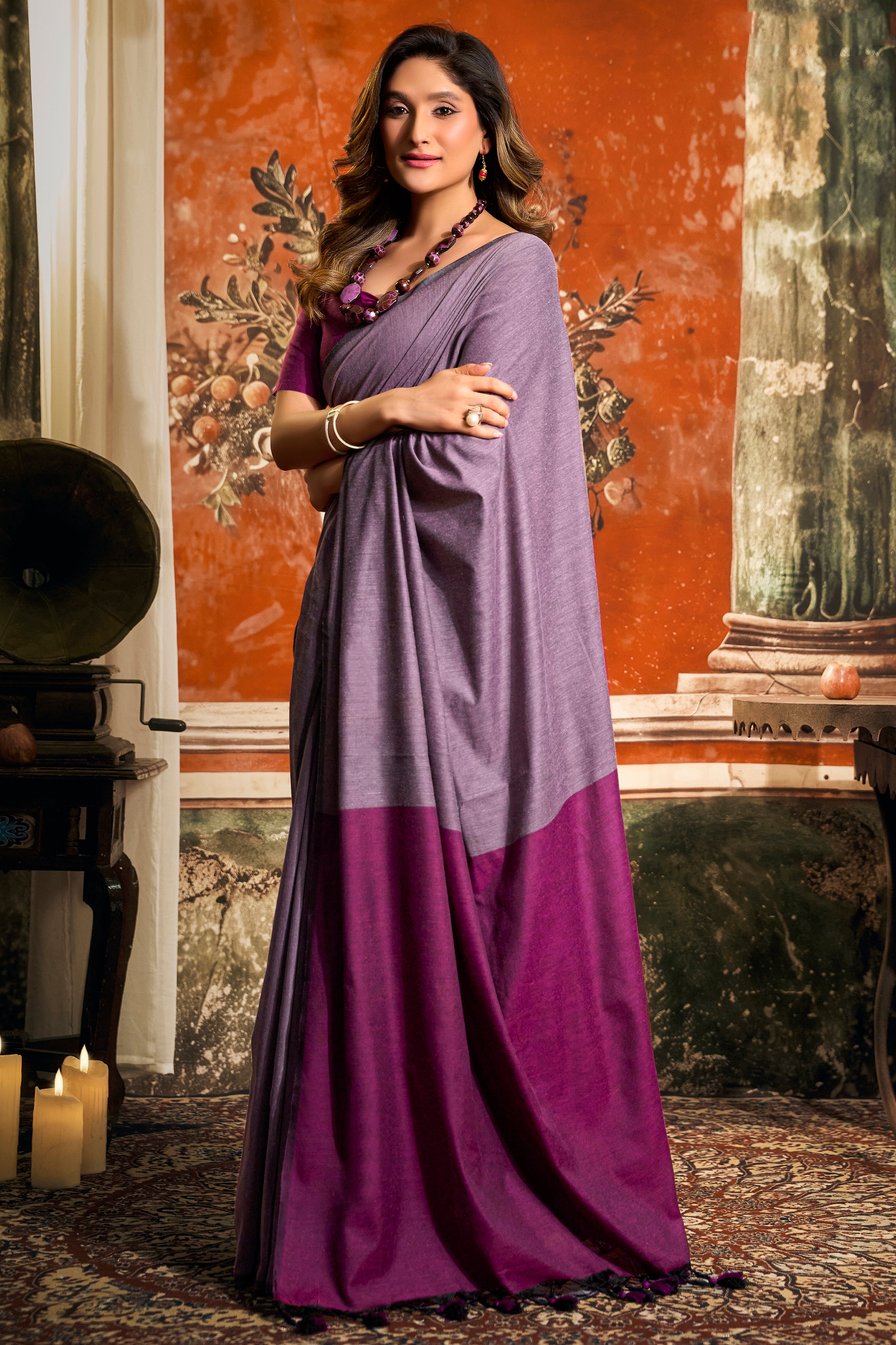 Lavender Mal Cotton Saree with Contrast Pallu & Fancy Tassels