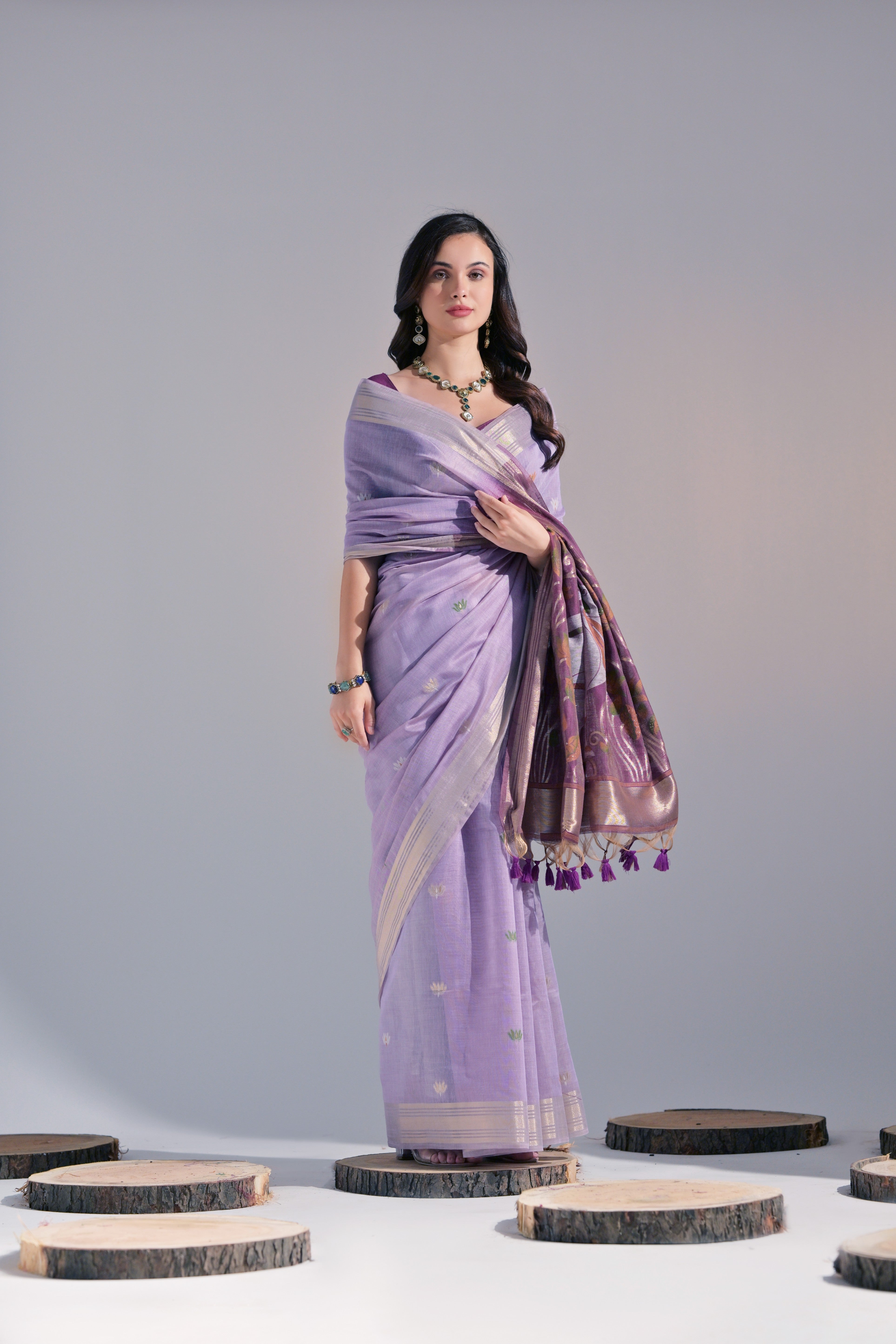 Lavender Muga Cotton Saree with Cow Design and Butti Weaves