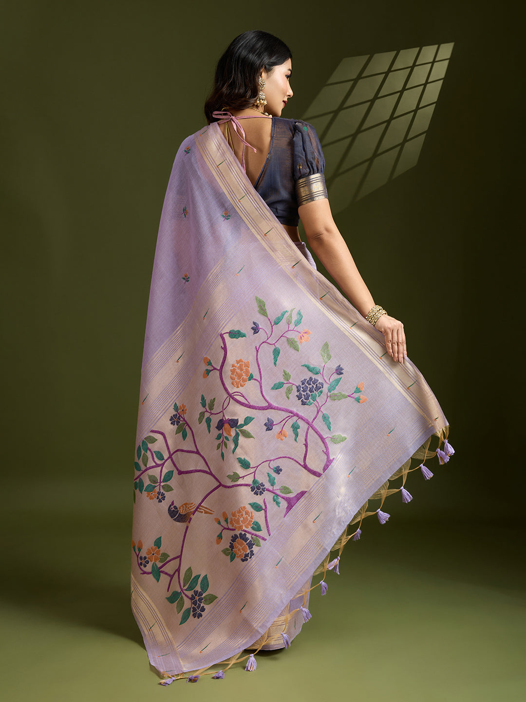 Lavender Muga Cotton Saree with Flower Butti and Paithani Pallu