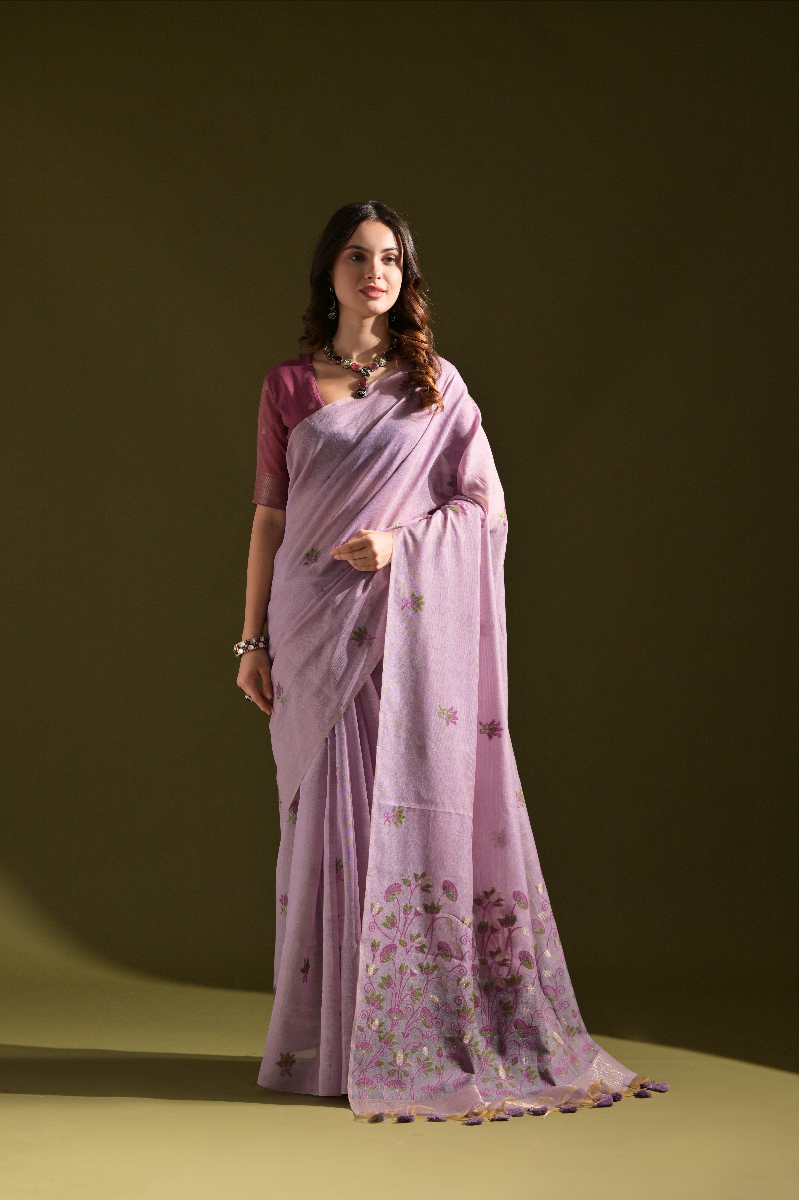 Lavender Muga Cotton Saree with Lotus Thread Design