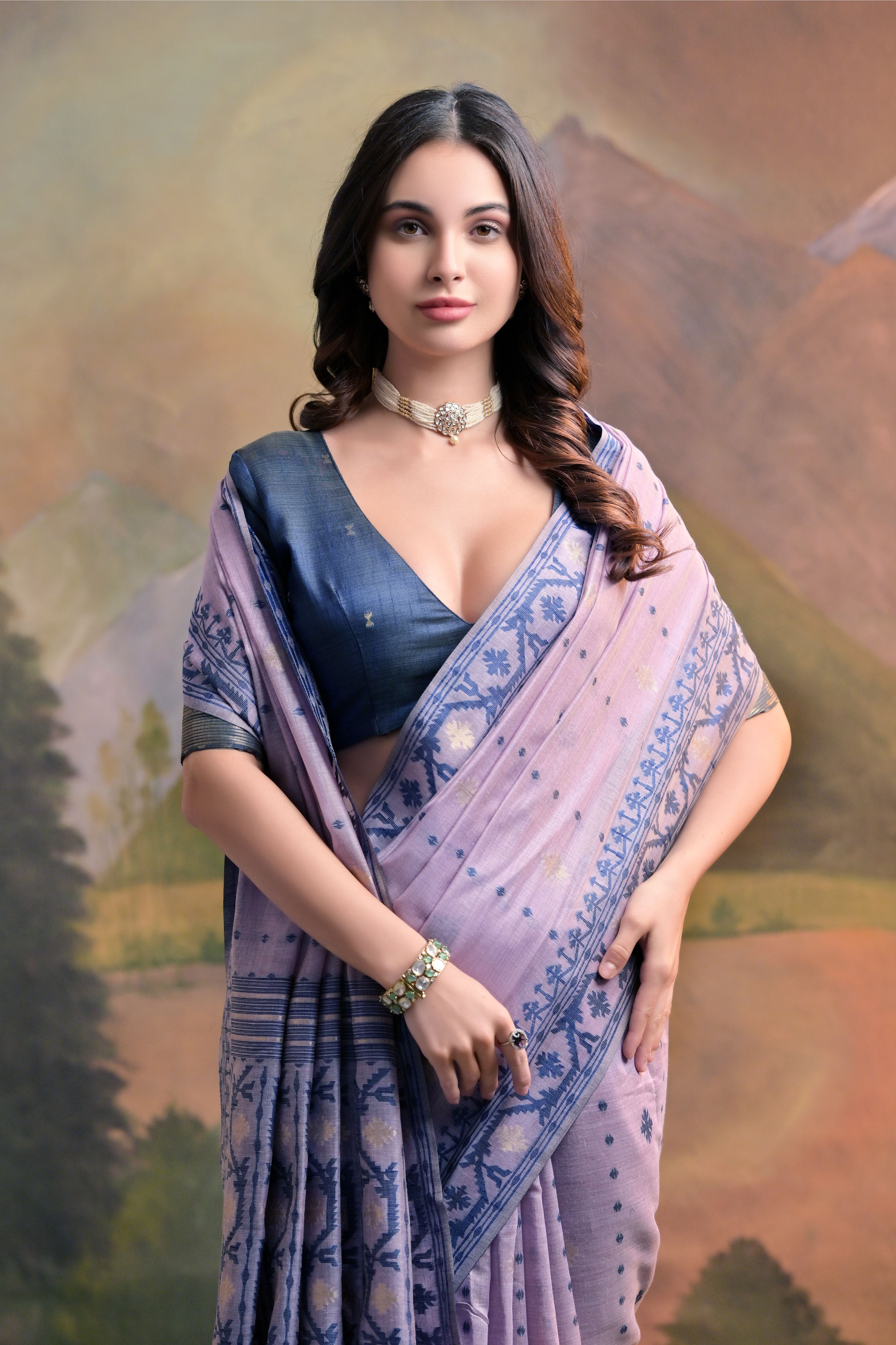 Lavender Muga Cotton Saree with Thread Butti Weaves