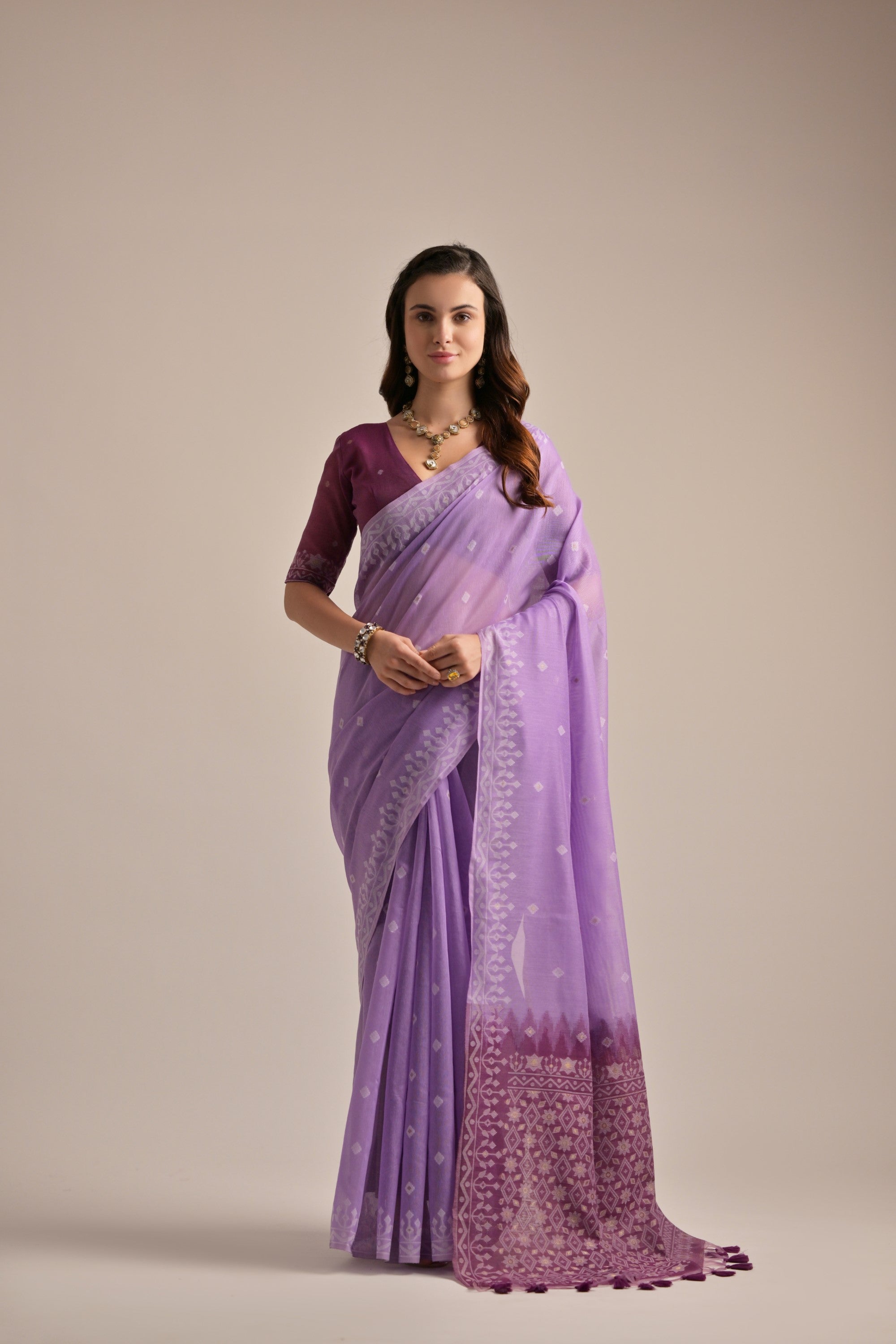 Lavender Muga Cotton Saree with Thread Butti and Lakhnawi Pallu