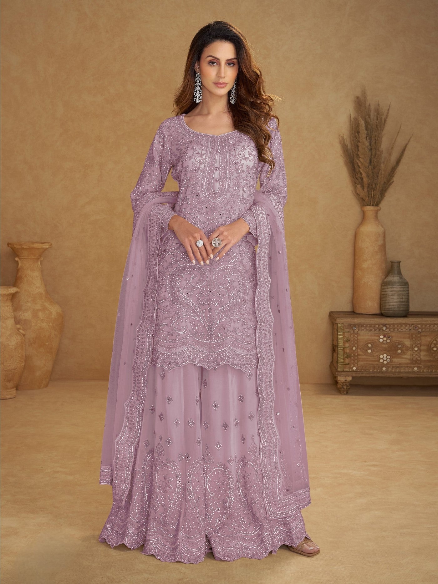 Lavender Net Designer Suit Set With Intricate Embroidery