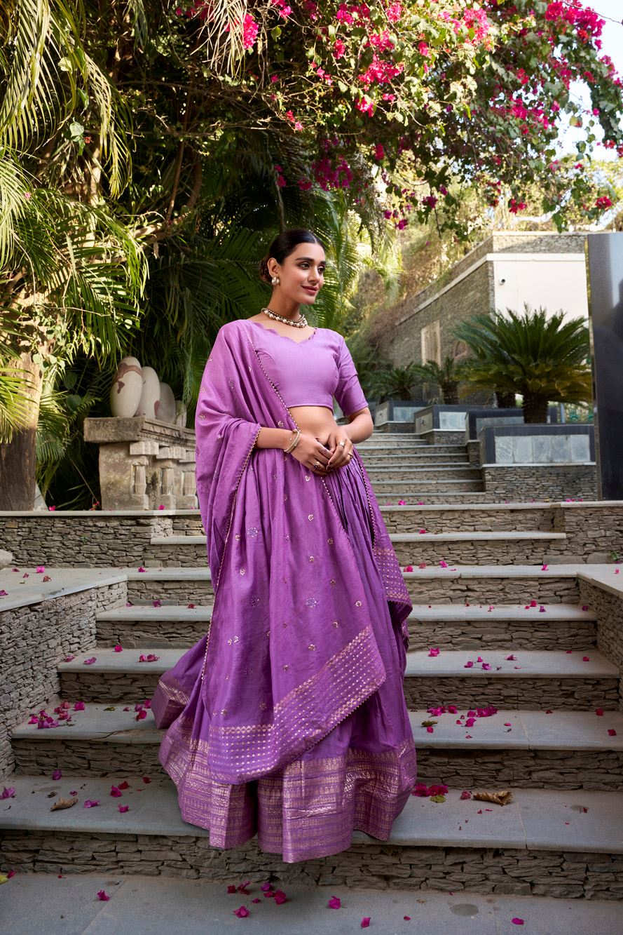 Lavender Plain Chanderi Lehenga with Zari Weaving Finish