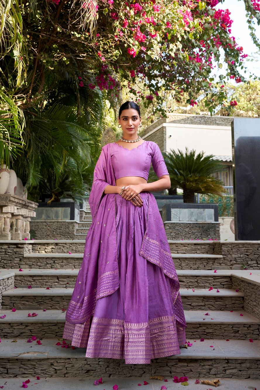 Lavender Plain Chanderi Lehenga with Zari Weaving Finish
